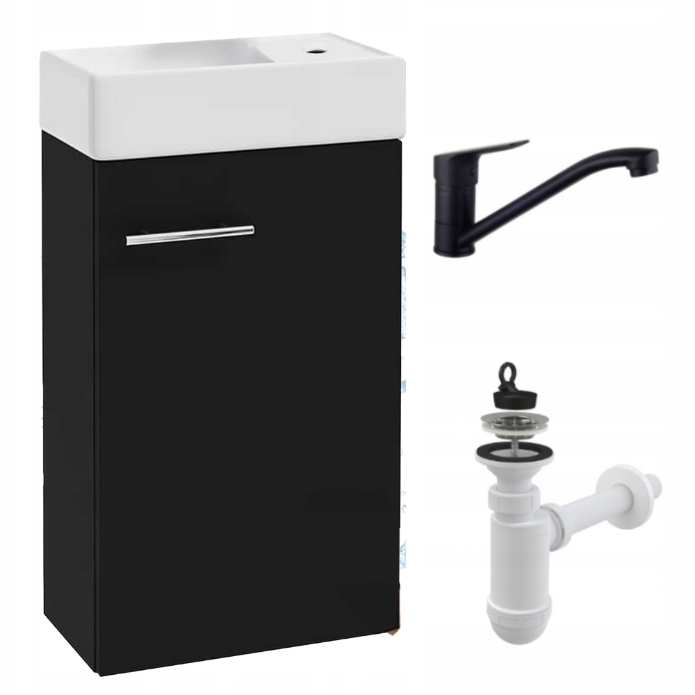 Szafka Łazienkowa Wisząca z Umywalką 40 x 22 cm Czarny Mat Bateria Czarna Obrotowa