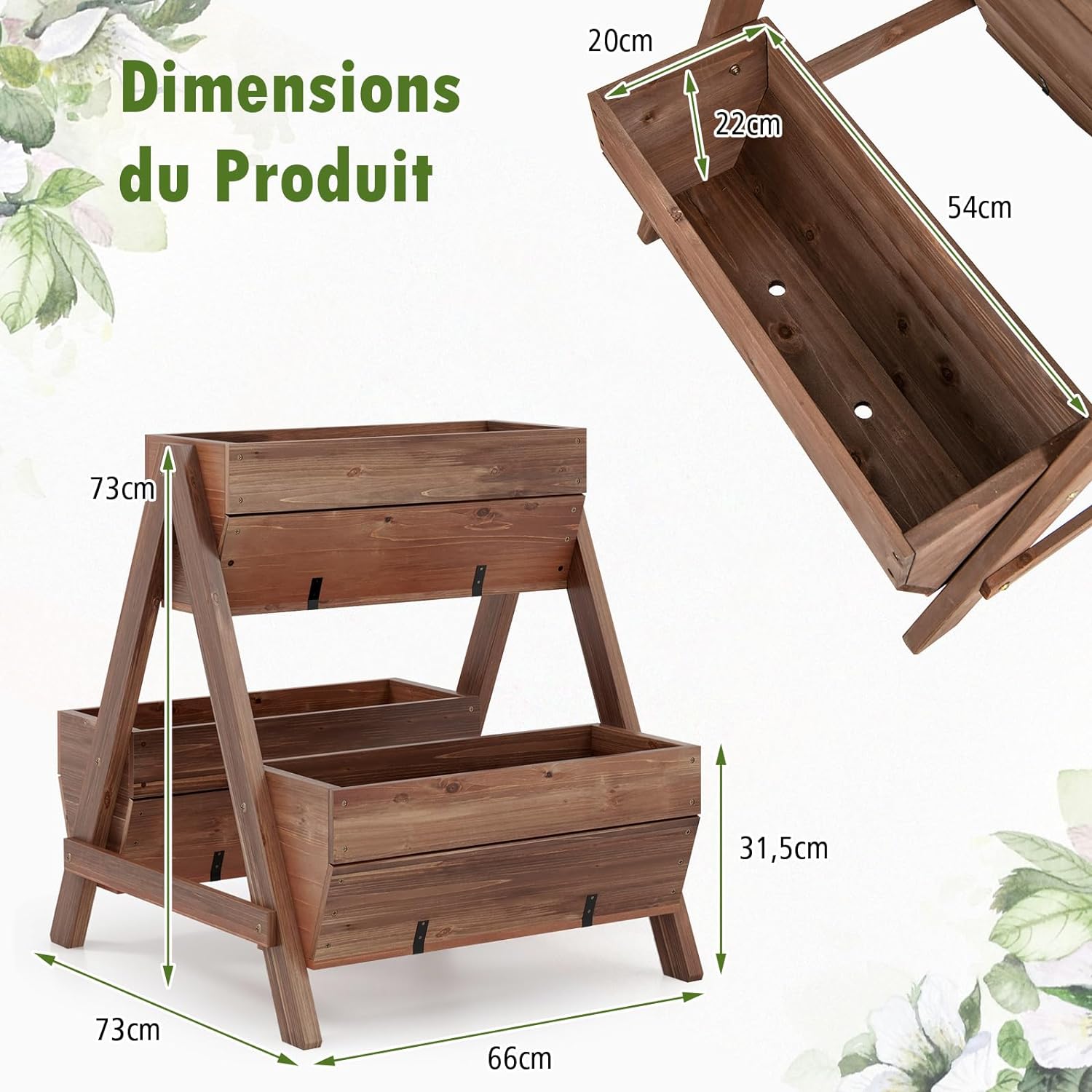 Letto da Giardino Rialzato Verticale con 3 Fioriere in Legno e Fori di Drenaggio, Fioriera a Scala per Frutta, Verdura e Fiore, Aiuola per Int - 2