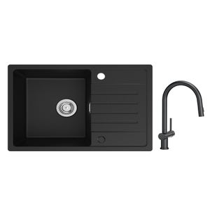 Cecipa max Evier 1 Bac avec Egouttoir 78x45cm Evier à encastrer Quartz et résine Noir + Mitigeur avec Douchette Extractible avec 2 Types de Jet Noir