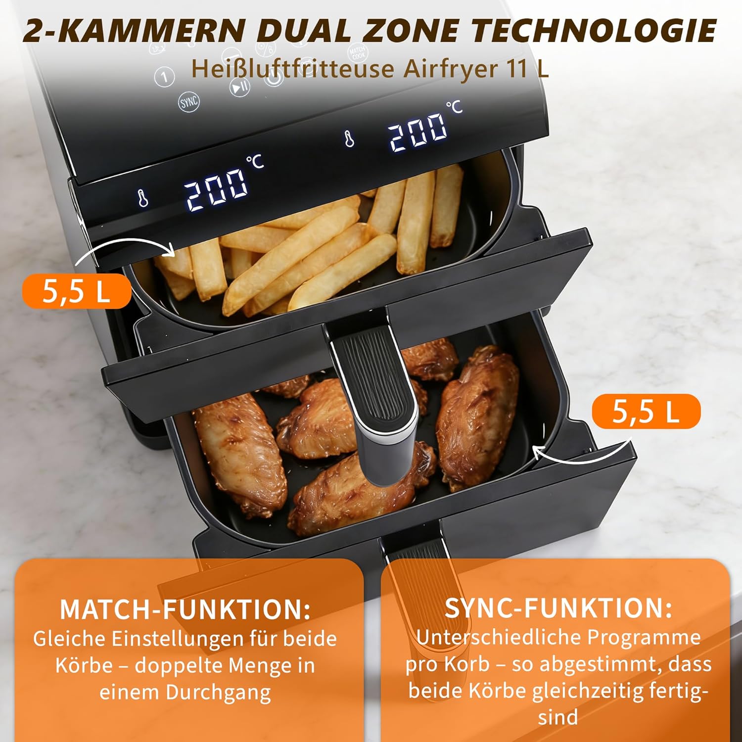 Nettlife friteuse à air 2 compartiments 11 L, 13-en-1, double zone superposée, 2800 W, écran tactile, minuterie, paniers lave-vaisselle - 5