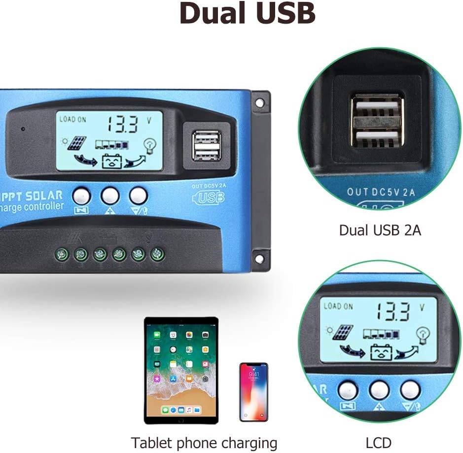 Contrôleur de charge solaire 40 ampères pour panneaux solaires automatiques et batteries 12V/24V, avec écran LCD et deux ports USB 5V. - 4