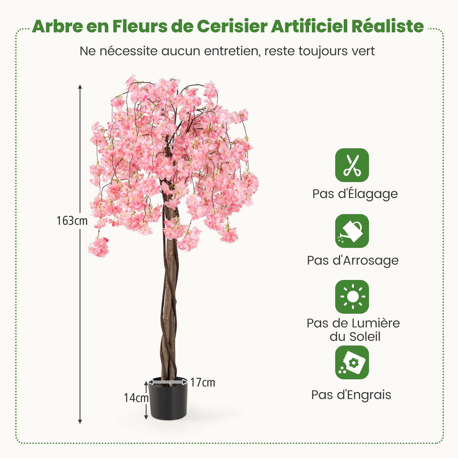 Albero di Ciliegio Artificiale 163 CM, Pianta Finta da Interno con Vaso in PP Riempito con Cemento, Fiori in Tessuto, Decorazione per Ufficio, Casa e - 4