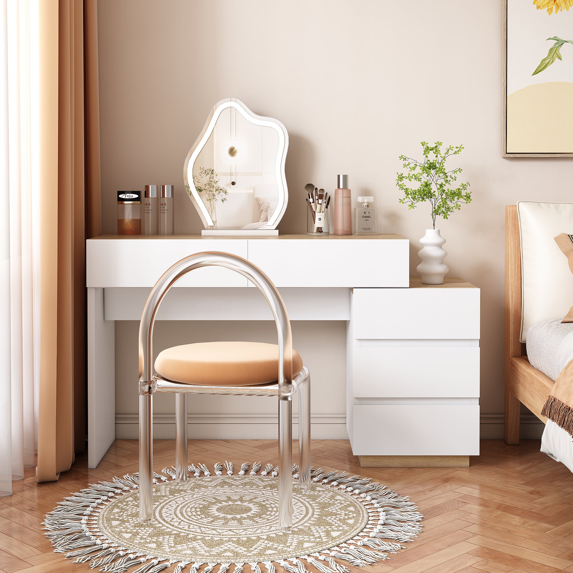 Toaletka z 5 szufladami - 125 x 38,9 x 76 cm - płyta wiórowa E1 - kolor biały i dąb (bez taboretu i lustra)