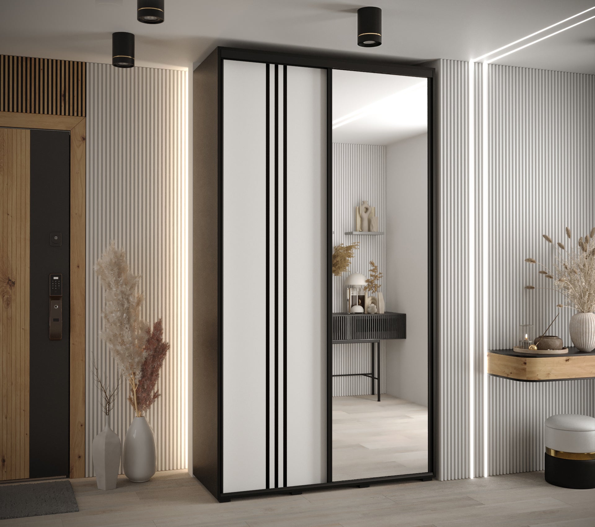 Szafa przesuwna z lustrem wysoka Davos 7 140 x 60 x 235,2 cm czarny + biały + u. czarny - Abiks Meble - 2
