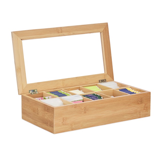 Relaxdays Boîte à Thé 9 Compartiments En Bois - Organiseur Avec Fenêtre, 9x24x25 Cm Naturel