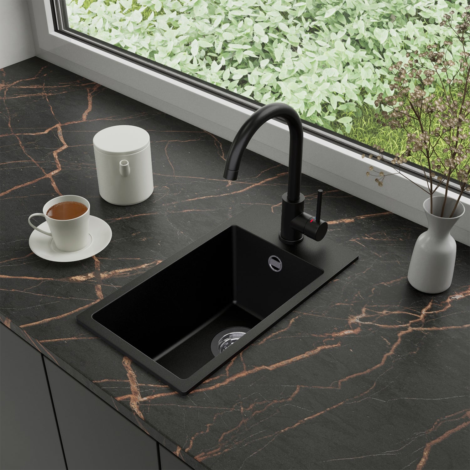 Zlewozmywak Granitowy 28x50cm, do szafki od 30cm + Bateria + Syfon - Amber Czarny STONESTYLE