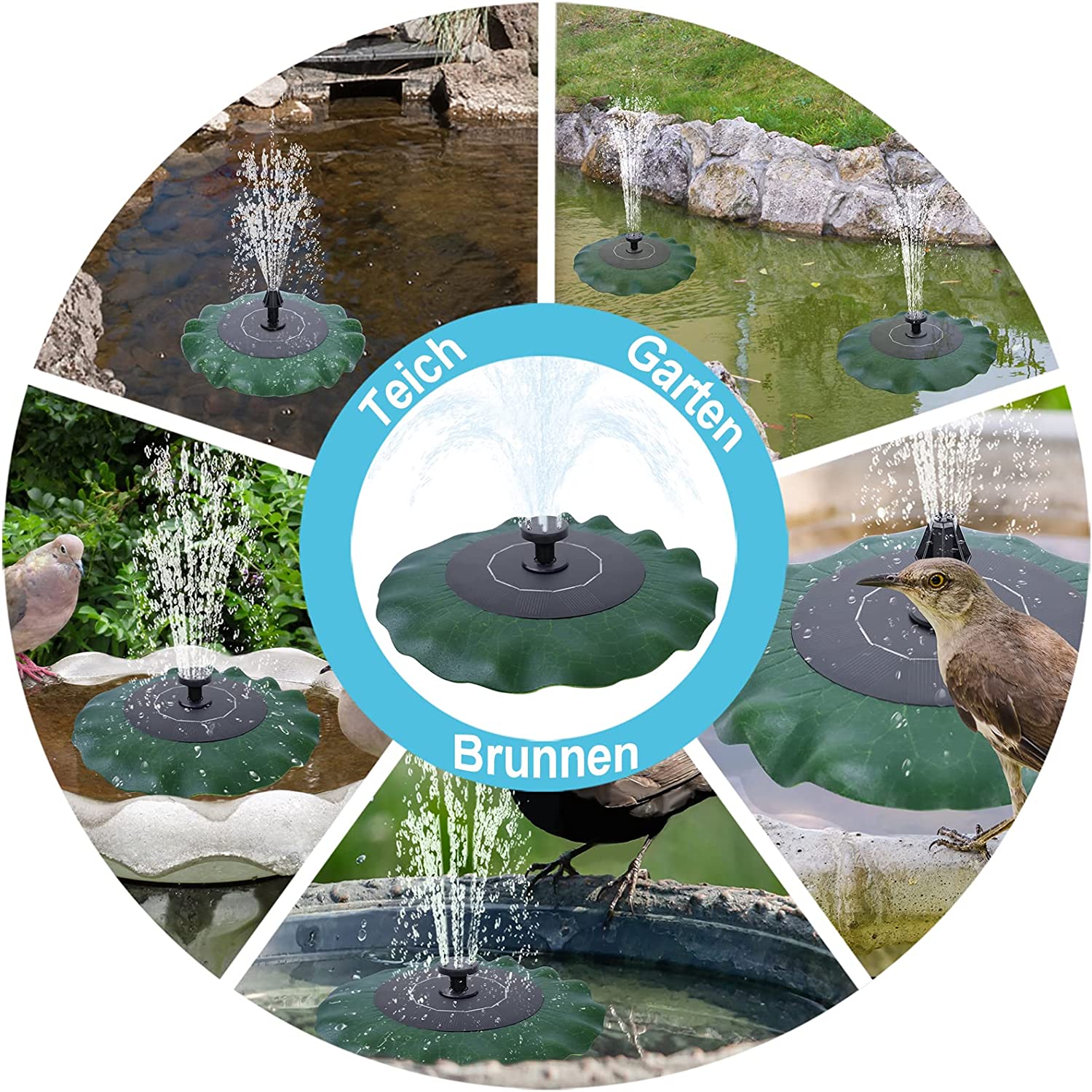 Fontaine Solaire - Pompe à Eau Solaire - Décoration en Feuille de Lotus avec Buses de pulvérisation - Pompe Solaire de 1,4 W - pour Jardin - 4