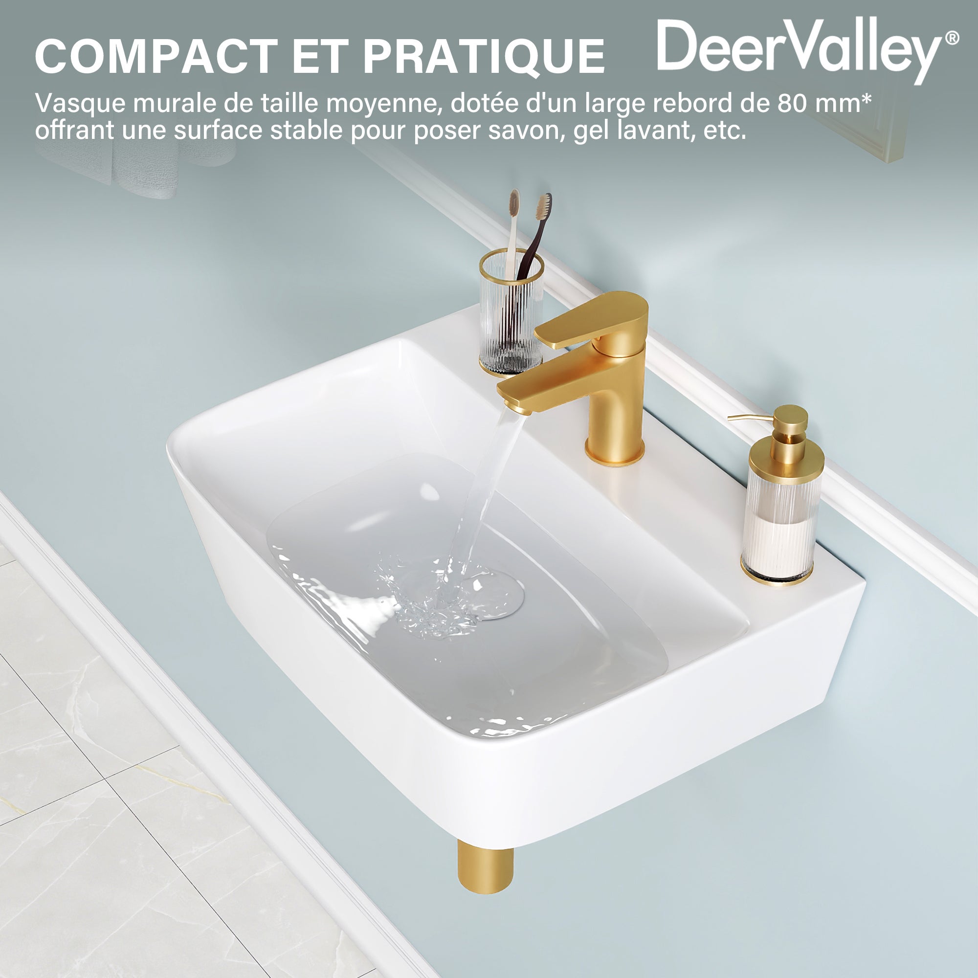 Vasque lave main Salle de Bain - Vasque lave-main rectangulaire blanche mate en céramique – Pour petit espace – Pose à poser – DeerValley - 3
