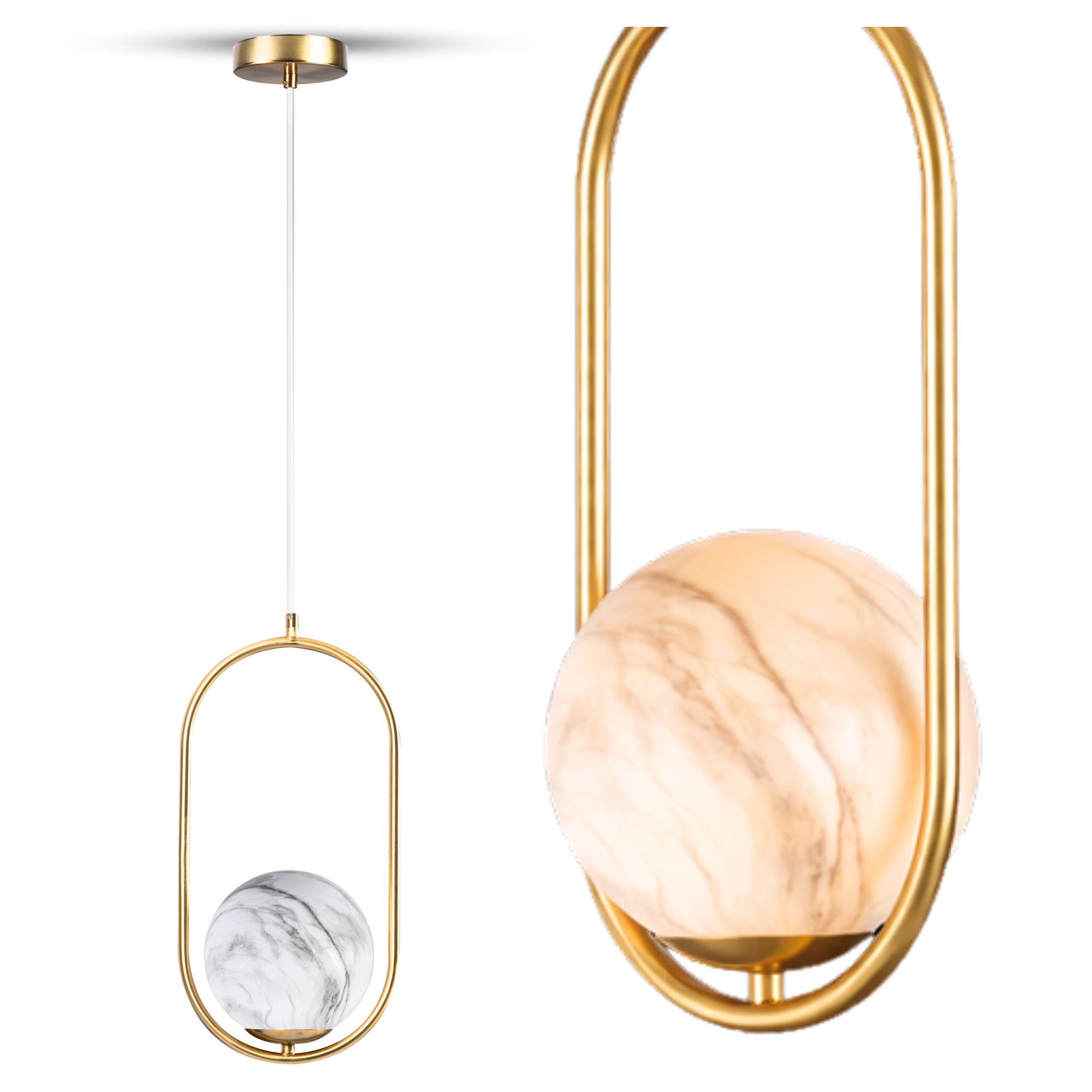 Lampa wisząca sufitowa klosz ze wzorem MARMUR Glamour biały złoty stelaż Żyrandol szklany E27 DEKORACYJNY - LEDHOFF