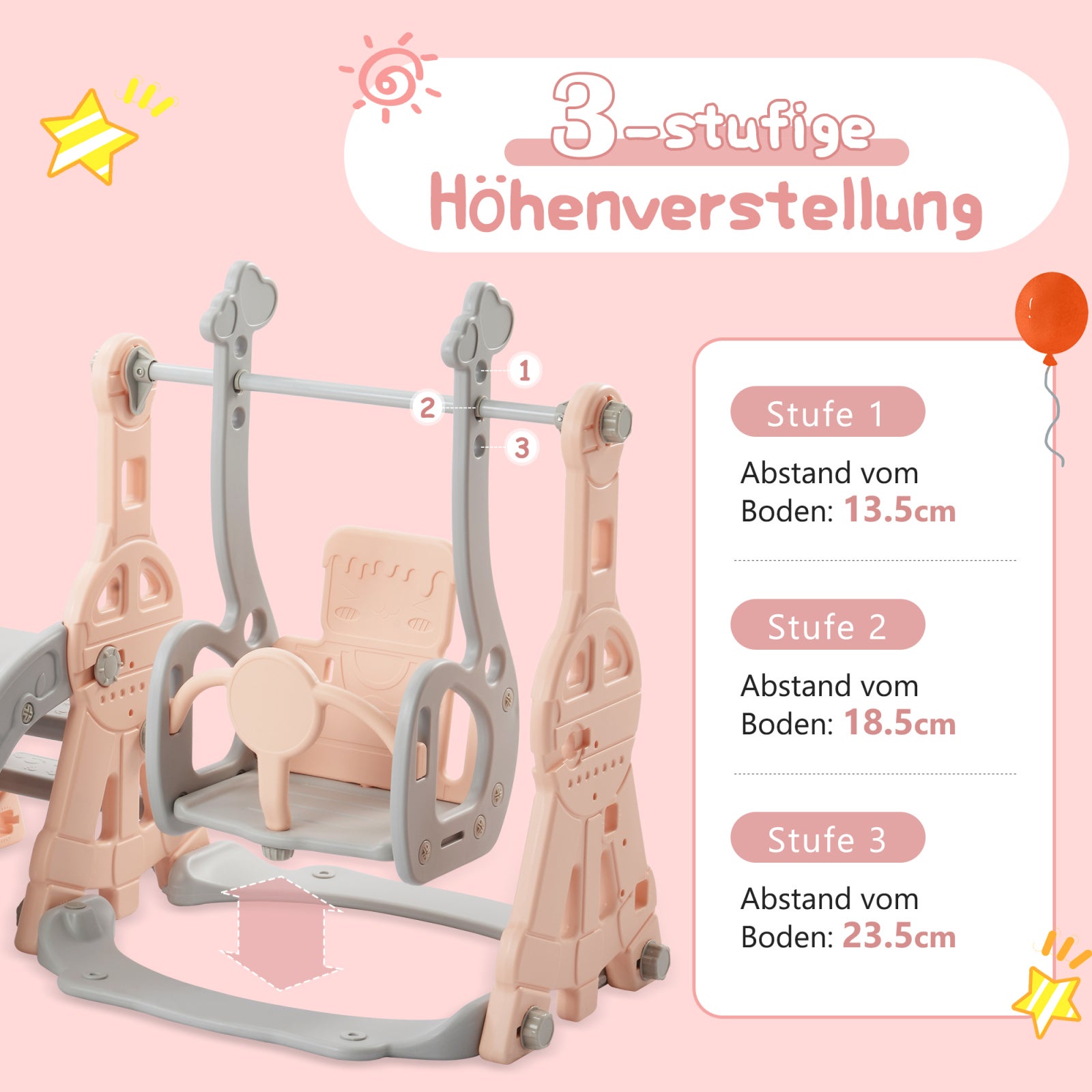 Toboggan Enfant 4 en 1 Toboggan Bebe avec Balançoire et Panier de Basket pour Les Enfants de 1 à 6 Ans, Aire de Jeux Intérieure et Extérieure, Rose - 7