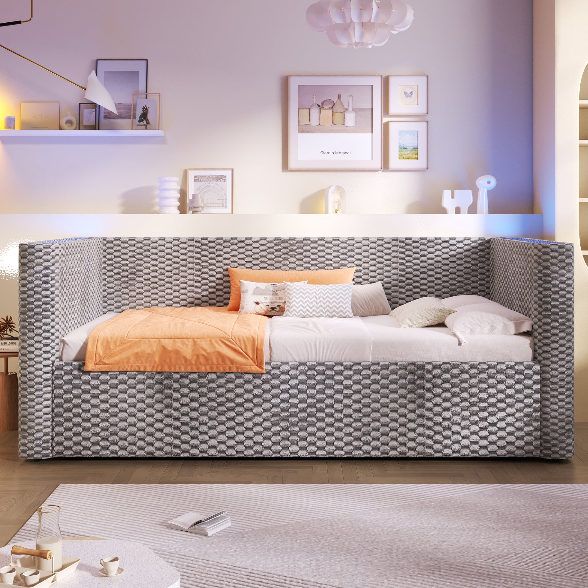 Rozkładana sofa z pojemnikiem 90x200 cm - z oświetleniem LED - stelaż lamelowy - welur - szary (materac nie jest wliczony w cenę) - 2