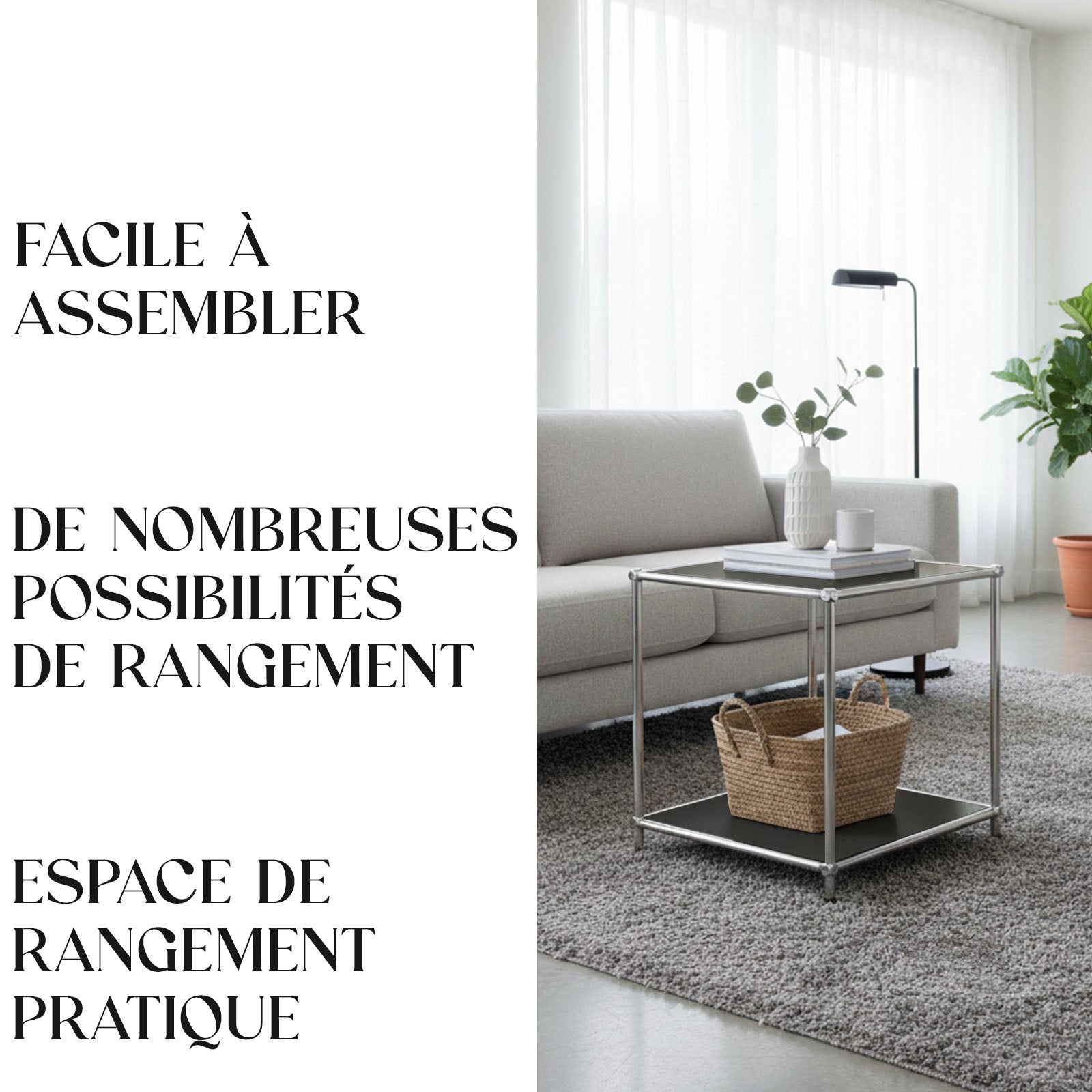 Étagère métal chromé design épuré, Concept Epuré MK-012 : 2 étages, L40 x P40 x H46 cm, Noir - 5