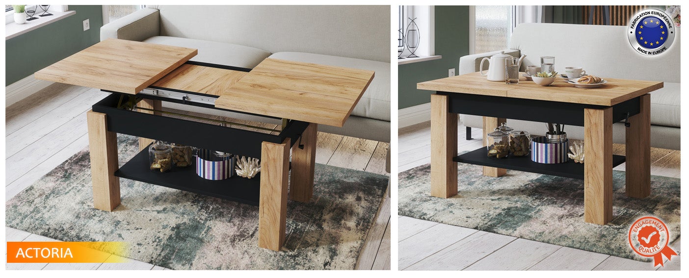 TABLE BASSE ACTORIA NOIR BOIS RELEVABLE ET EXTENSIBLE JUSQU'A 150 CM - 3