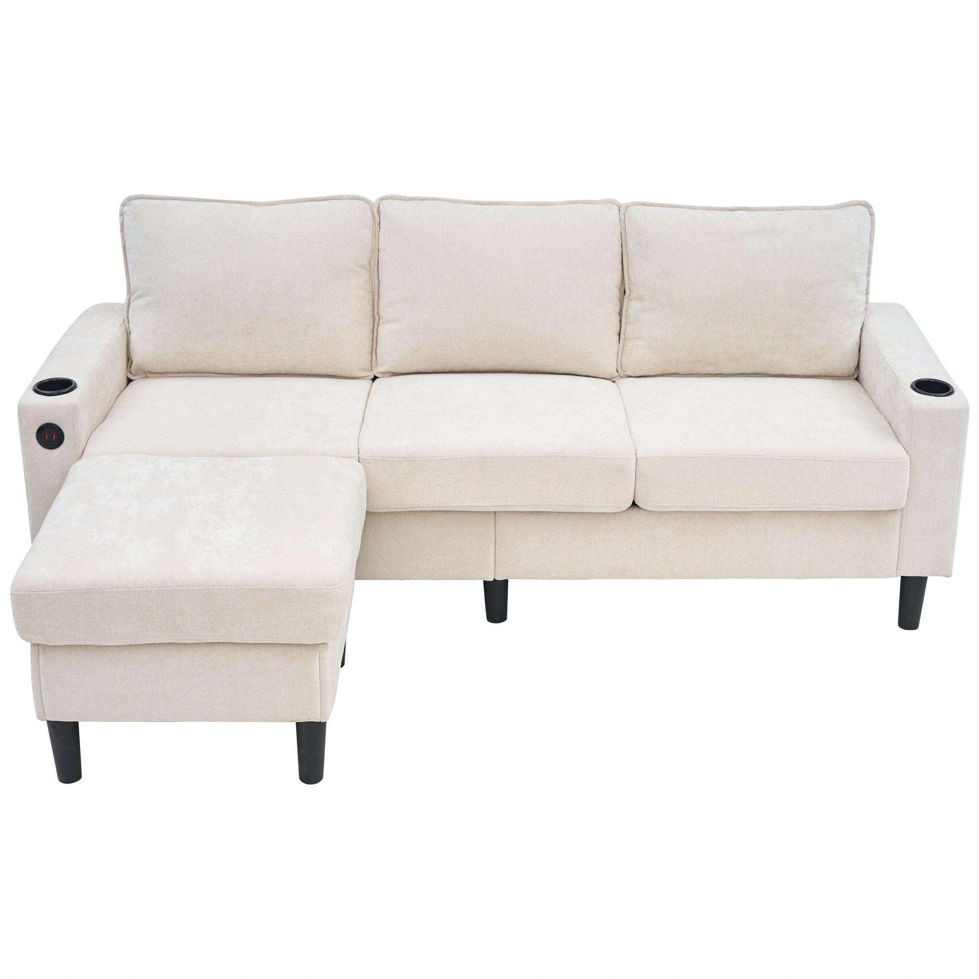 Sofa tapicerowana 3-osobowa - z portami USB i Type-C - z dwoma uchwytami na kubki - Sofa w kształcie litery L z funkcją spania - Beżowa - 4