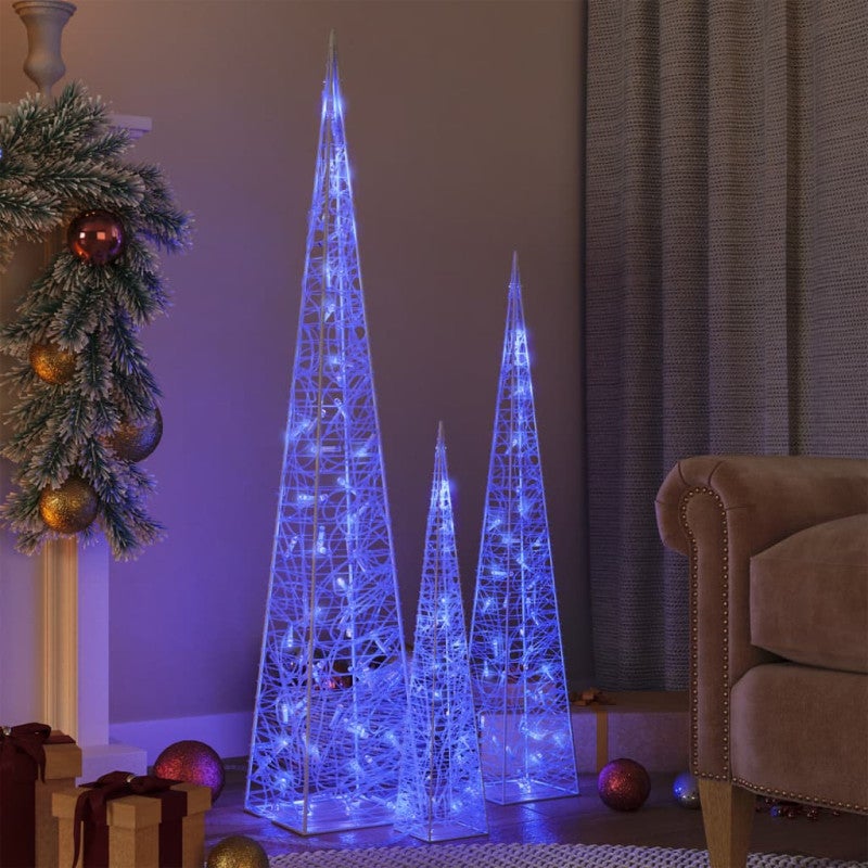 Lot 3 Cônes Lumineux LED Acrylique - Hauteurs 60/90/120 Cm - Blanc Froid - 8 Effets Lumineux - IP44 Pour Intérieur/Extérieur