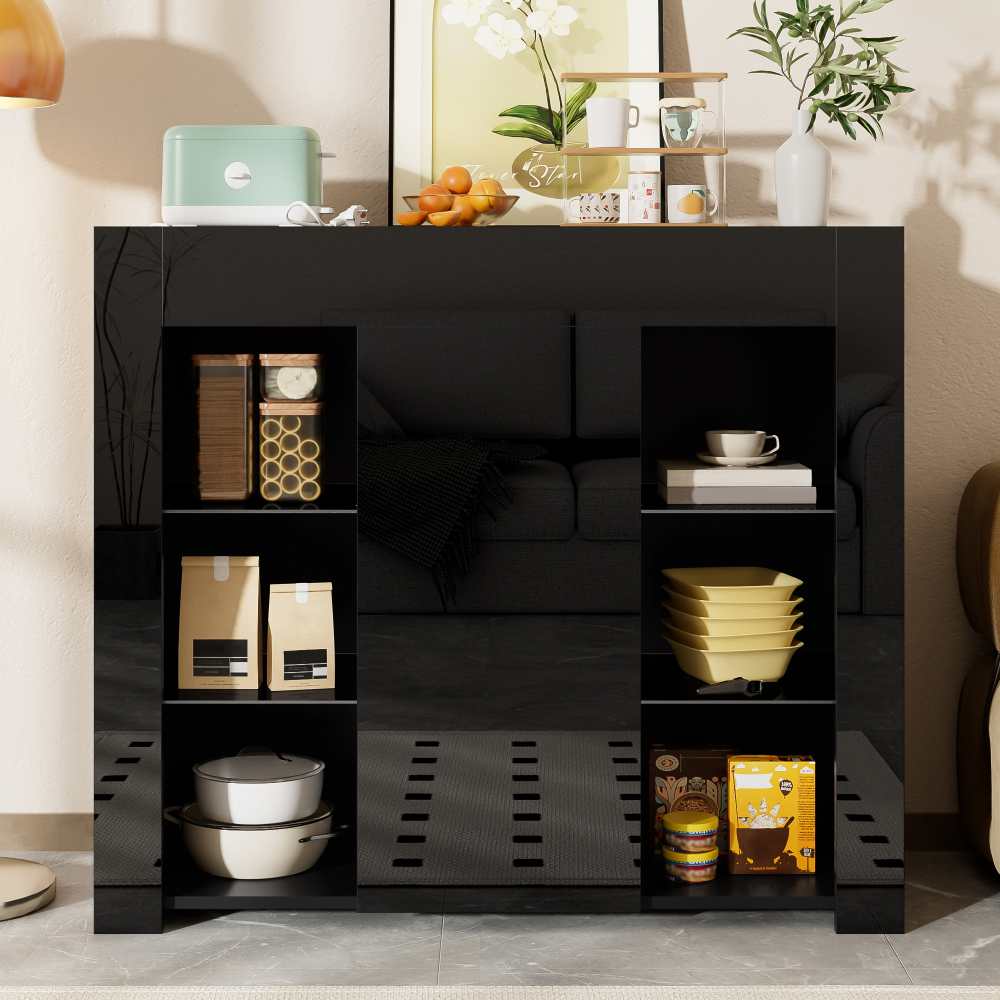 Nowoczesny bufet z błyszczącym wykończeniem i szklanymi półkami – kompaktowy i elegancki mebel do przechowywania 95x35x83 cm do salonu