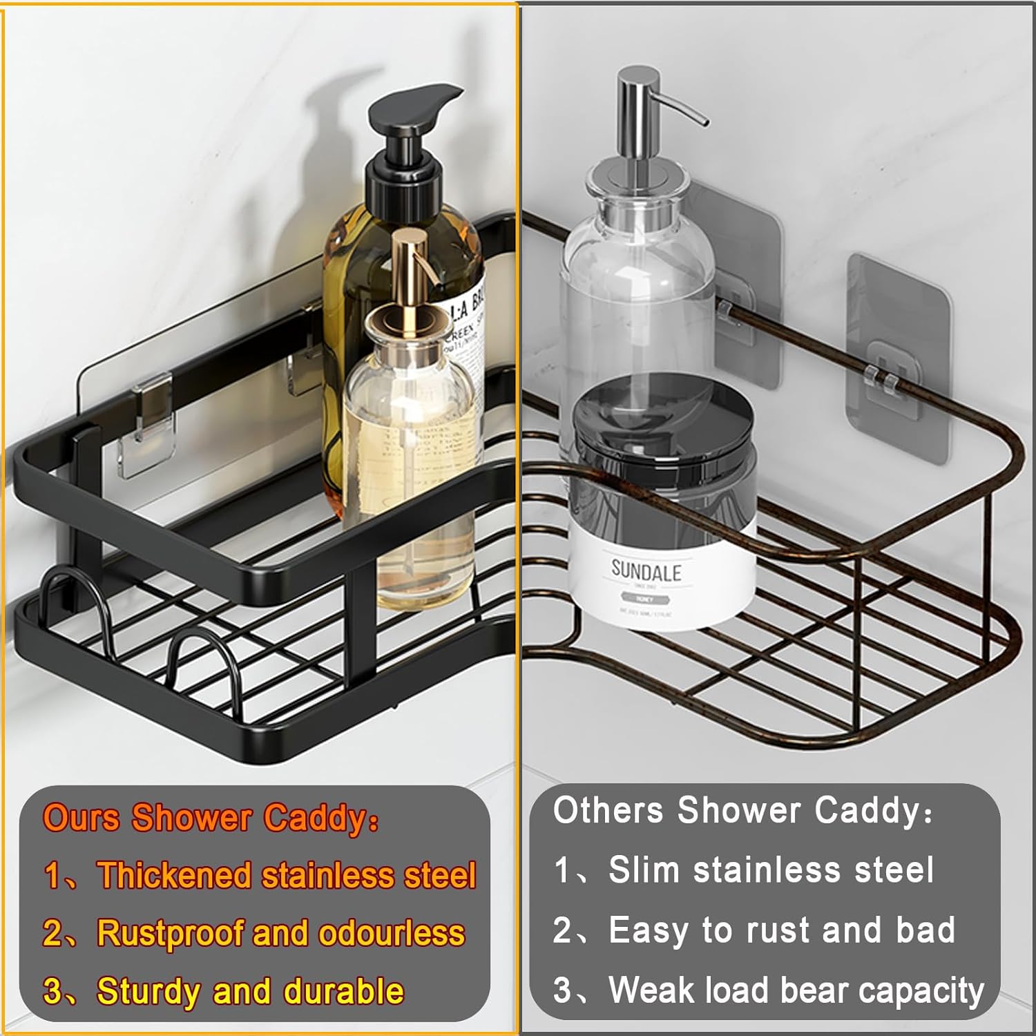 Étagère de douche sans perçage, tablette de coin de salle de bain 3 pièces avec porte-savon et support de gel douche - 6