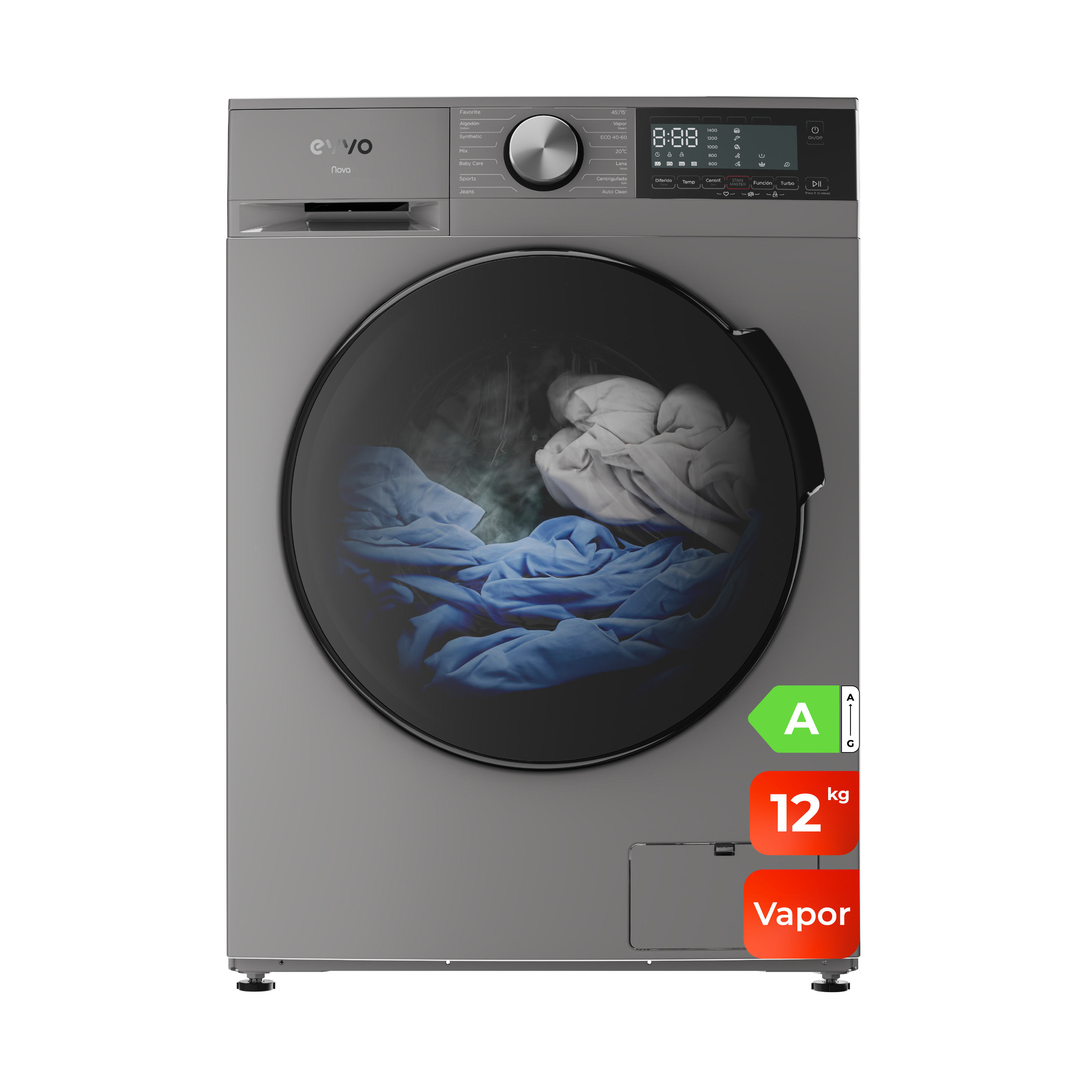 Evvo Lavadora Nova 12 Inox, 12 Kg, 1350 Rpm, Función Vapor Steam Wash, Motor Inverter, Clase A - Imagen 3