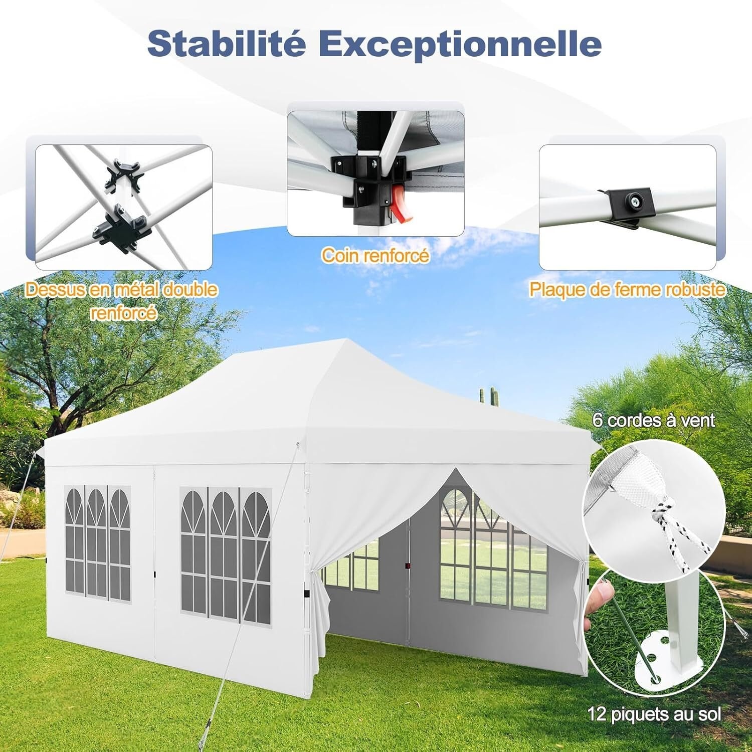 Tonnelle Pliable 3x6M avec 6 Parois Latérales, Barnum Tente de Réception Pliante Anti-UV 50+, Imperméable, 6 Sacs de Sable,Sac de Transport, Blanc - 6