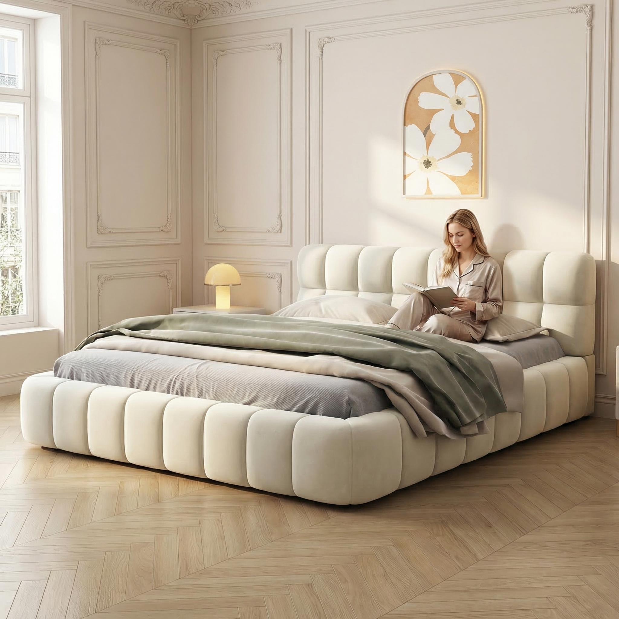 Cama doble 160x200 cm con cabecero forma nube, somier de láminas de madera, estructura metálica, cama acolchada de algodón y lino beige - 4
