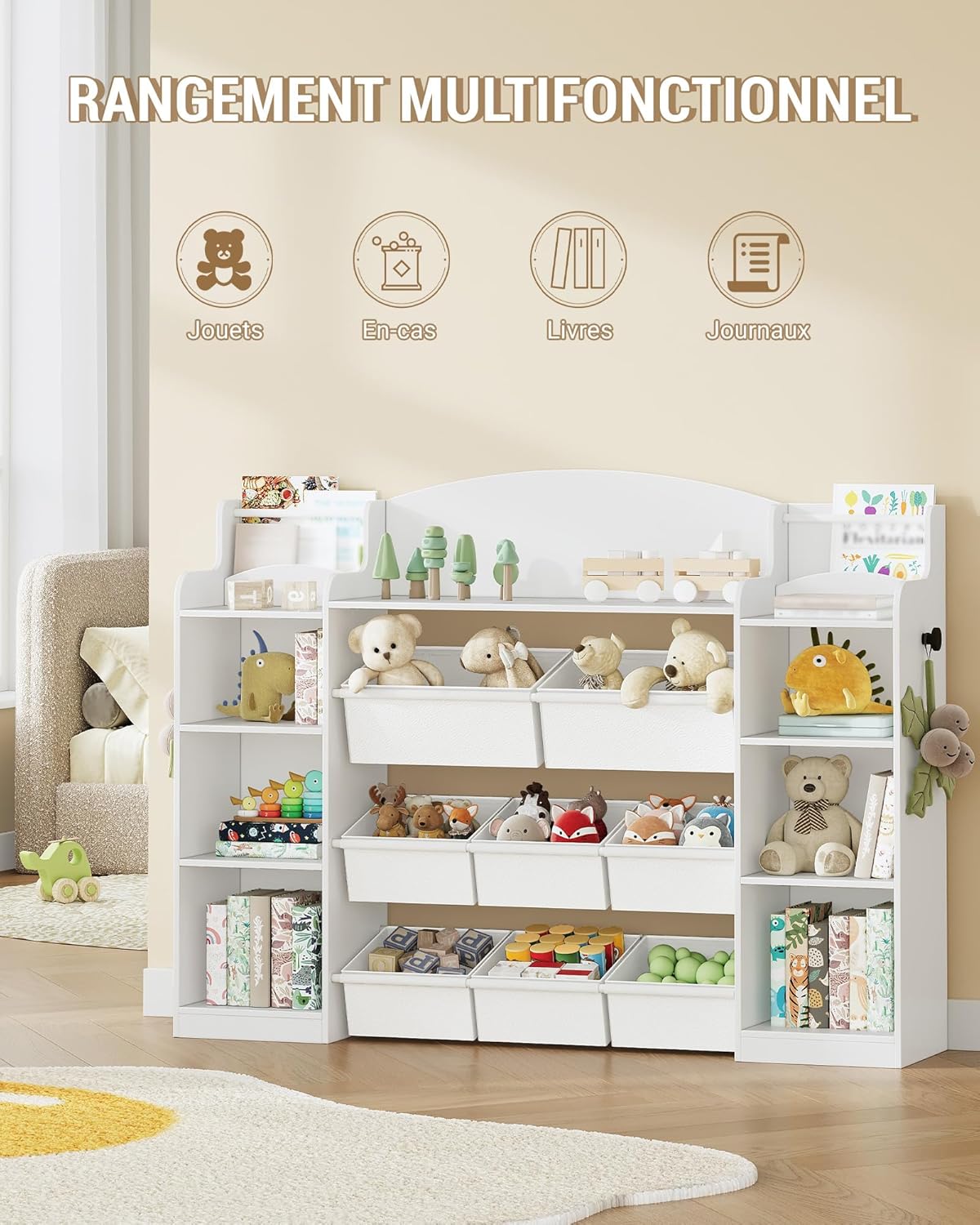 Estante infantil em madeira com 8 caixas em tecido não tecido para quarto de bebé e sala de estar, branca. - 3