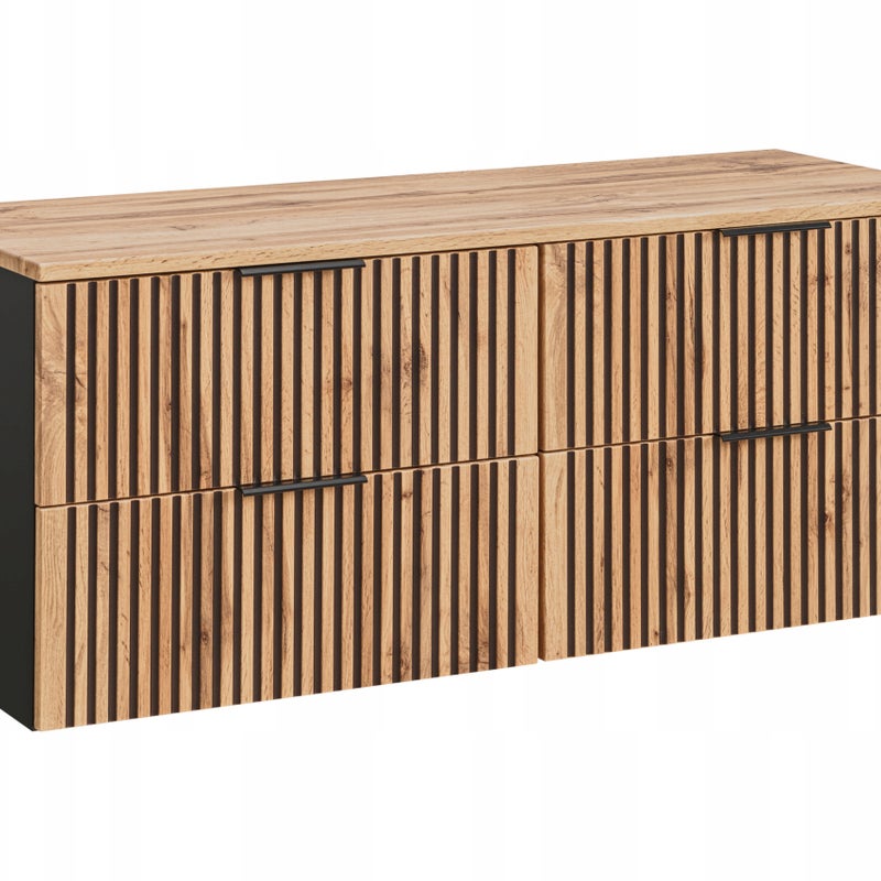 Szafka łazienkowa XILO 160 cm czarna ryflowane fronty blat dąb wotan