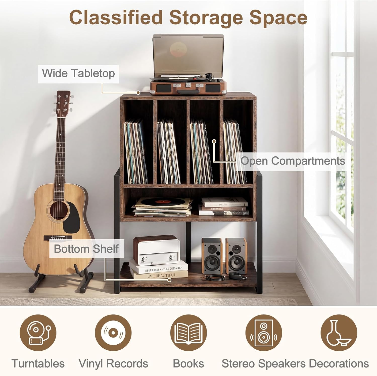 Meuble Platine Vinyle jusqu'à 180 Vinyle, 4 roulettes Inclus, Étagères, 5 Compartiments, Support Tourne Disque pour Albums, Manga, Livres, Marron - 3