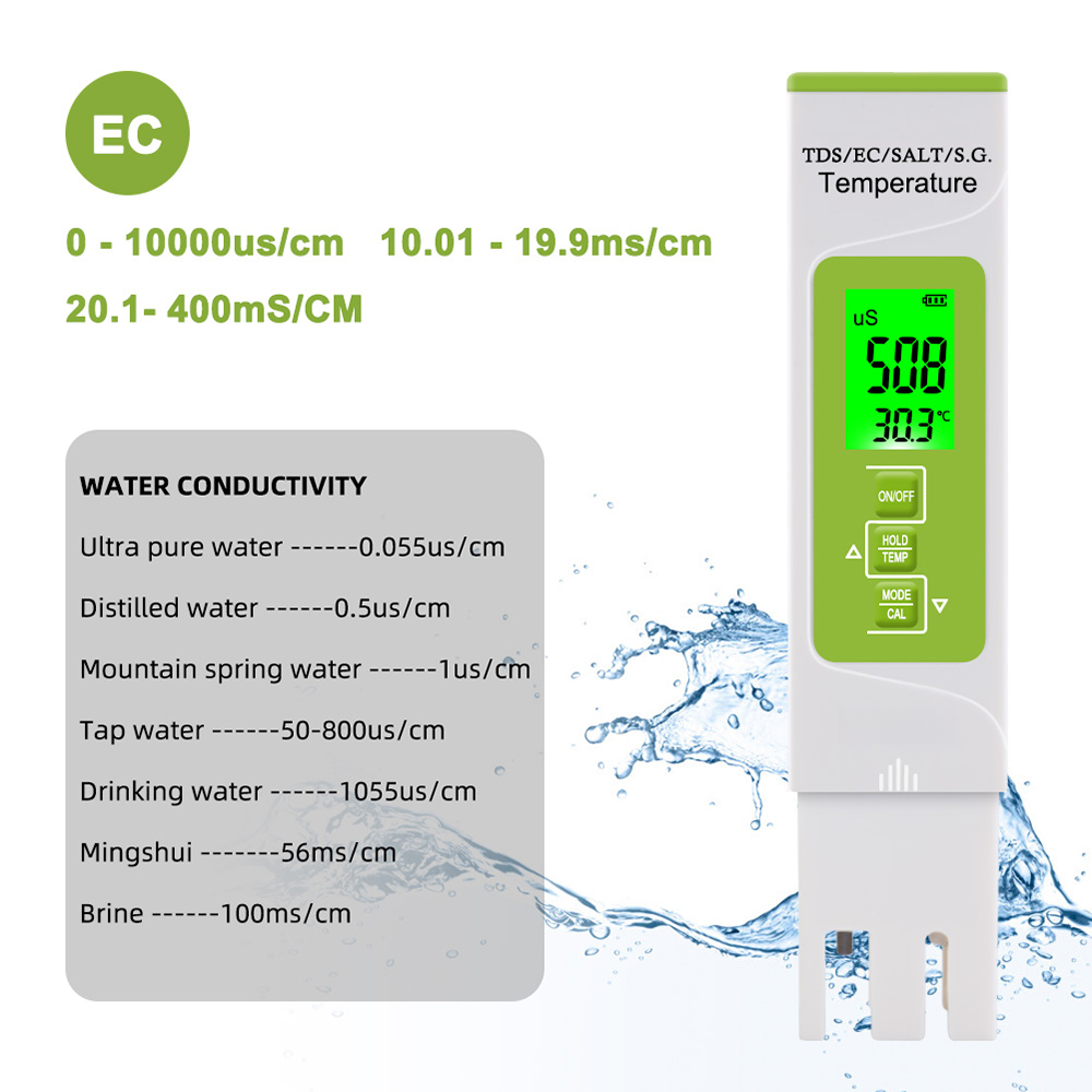 5 in 1 TDS/EC/SALT/S.G./température appareil de mesure numérique eau Quality moniteur testeur pour Pools Drinking Aquariums avec rétroéclairage - 5