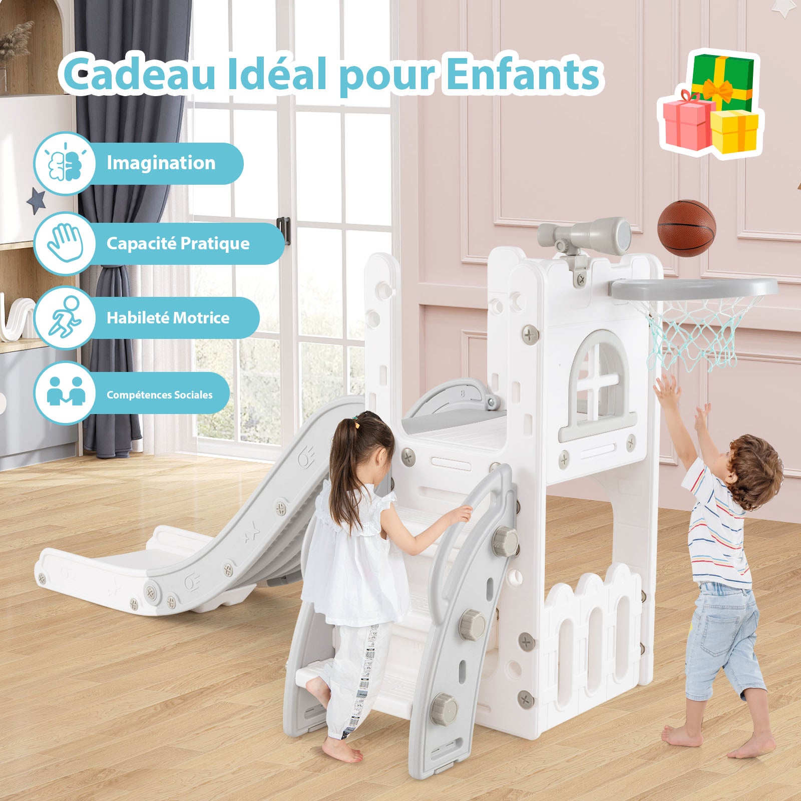 6 en 1 Toboggan Enfant en HDPE avec Panier de Basket & Télescope, Aire de Jeux Intérieure avec Échelle & Espace de Rangement, Blanc+Gris, pour 1 Ans+ - 5