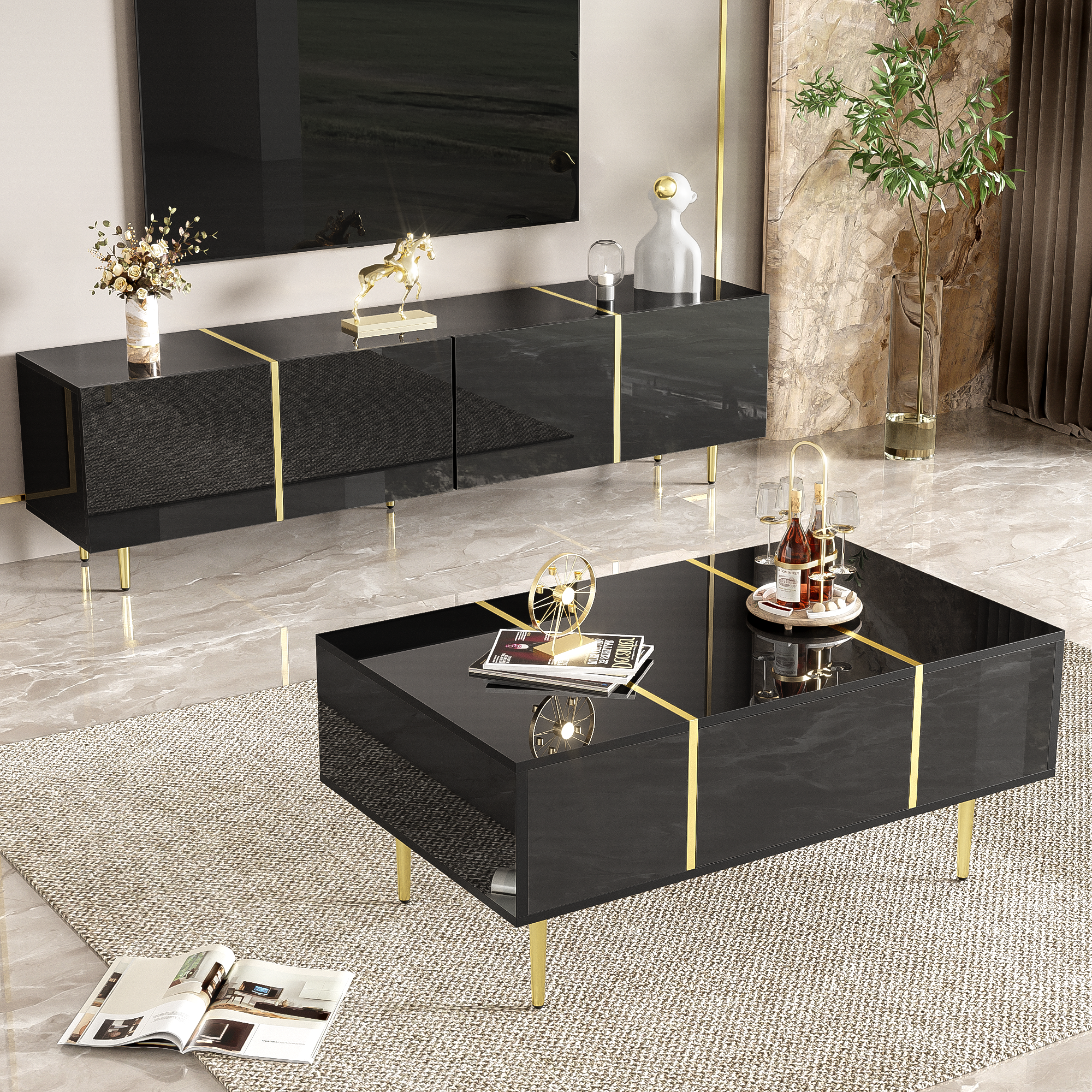 Ensemble meuble TV et table basse 170 cm, MDF, noir | Leroy Merlin
