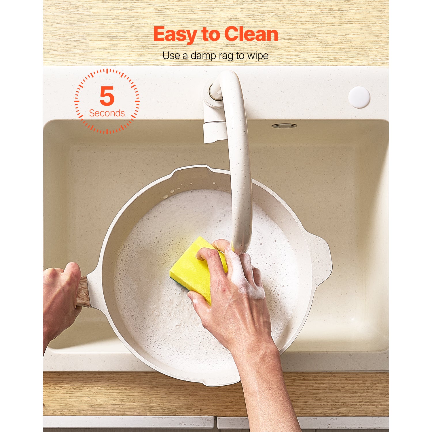 Batería de cocina antiadherente SucceBuy de granito de 17 piezas, compatible con inducción, sartenes, cazos, sauteuse, tapas de vidrio, blanca - 9