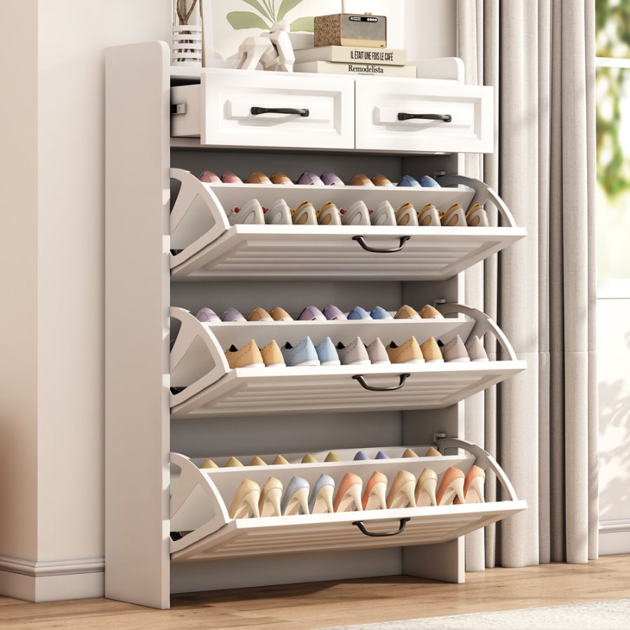 Szafka na buty z obrotowym schowkiem, 3 półkami i 2 szufladami, naturalna + biała, nowoczesny i minimalistyczny design do przedpokoju i salonu