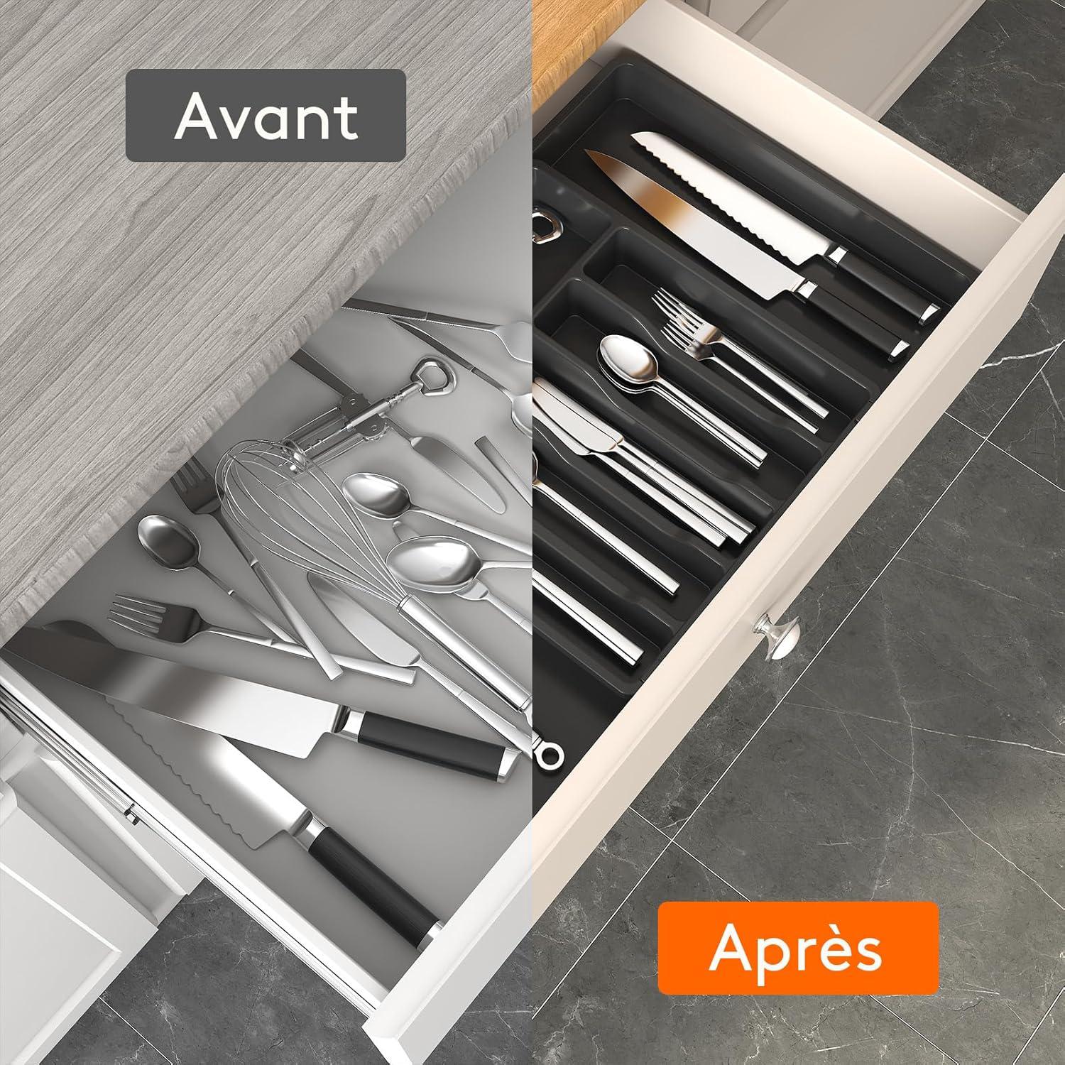 Tiroir à couverts extensible, organiseur de cuisine à tiroir réglable, plastique compact, noir - 7