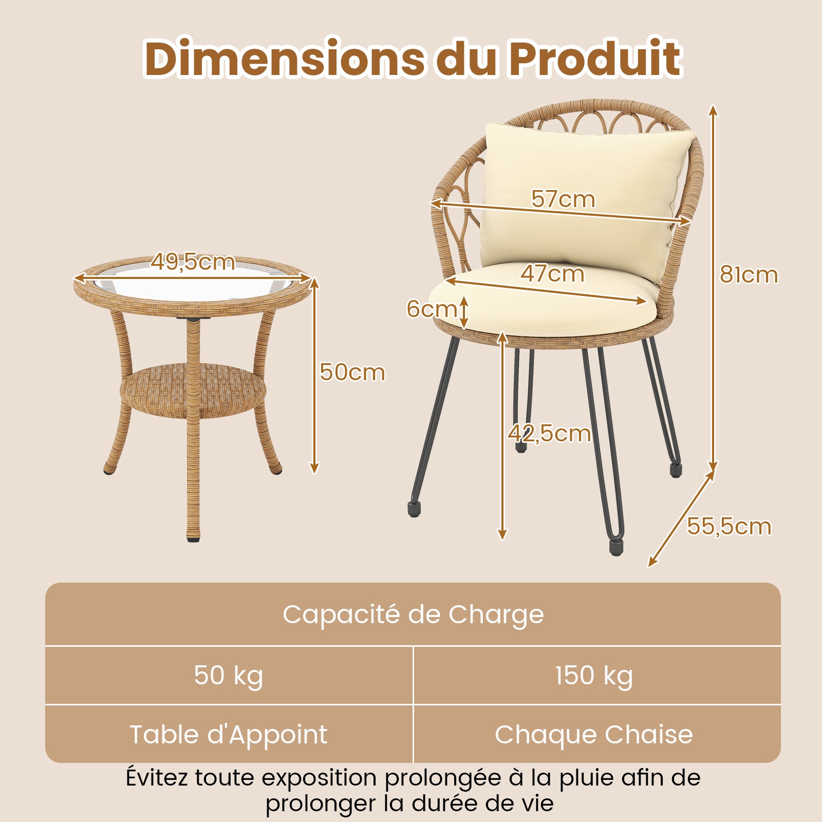 Conjunto de Móveis para Pátio em Fibra de Resina Trançada PE 3 PCS, Conjunto de Conversação Externa com Almofadas e Mesa de Centro de 2 Níveis - 2