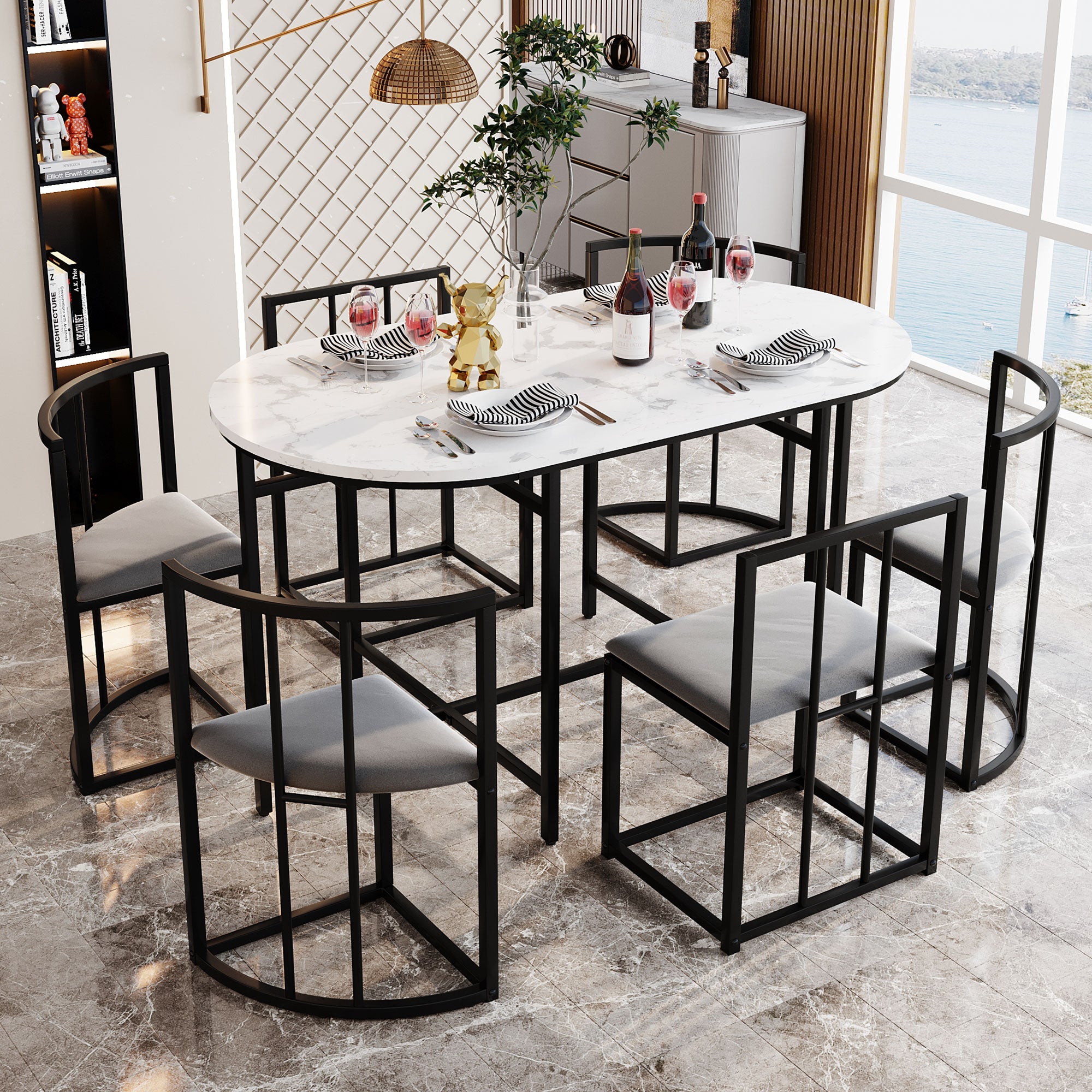 Set tavolo da pranzo con 6 sedie - 140 x 80 x 76 cm - MDF e gambe in metallo nero - Effetto marmo - Bianco + grigio - 2