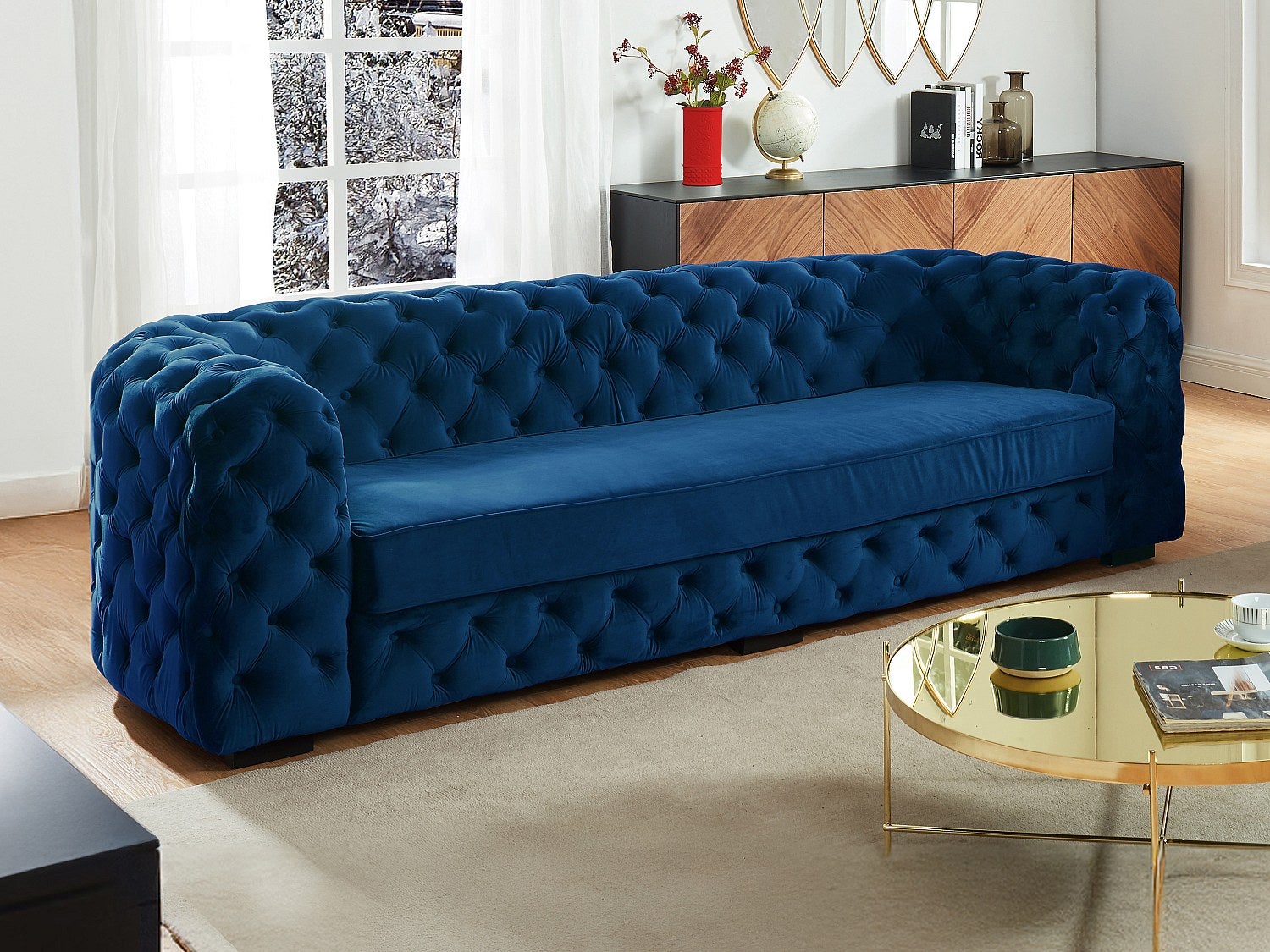 Kanapa Kanapa 3-osobowa STANLEY w stylu Chesterfield – welur w kolorze granatowym