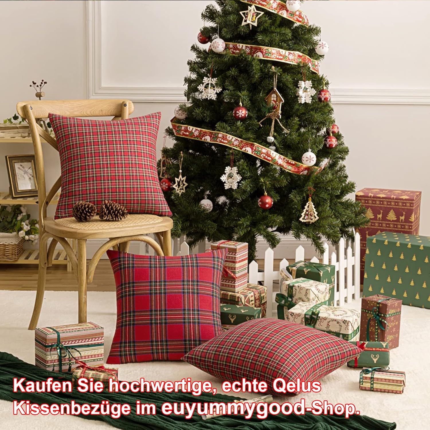 Lot de 4 housses de coussin décoratives à carreaux écossais de Noël, 45 x 45 cm, en polyester et coton, pour canapé, chambre, salon, voiture - 4
