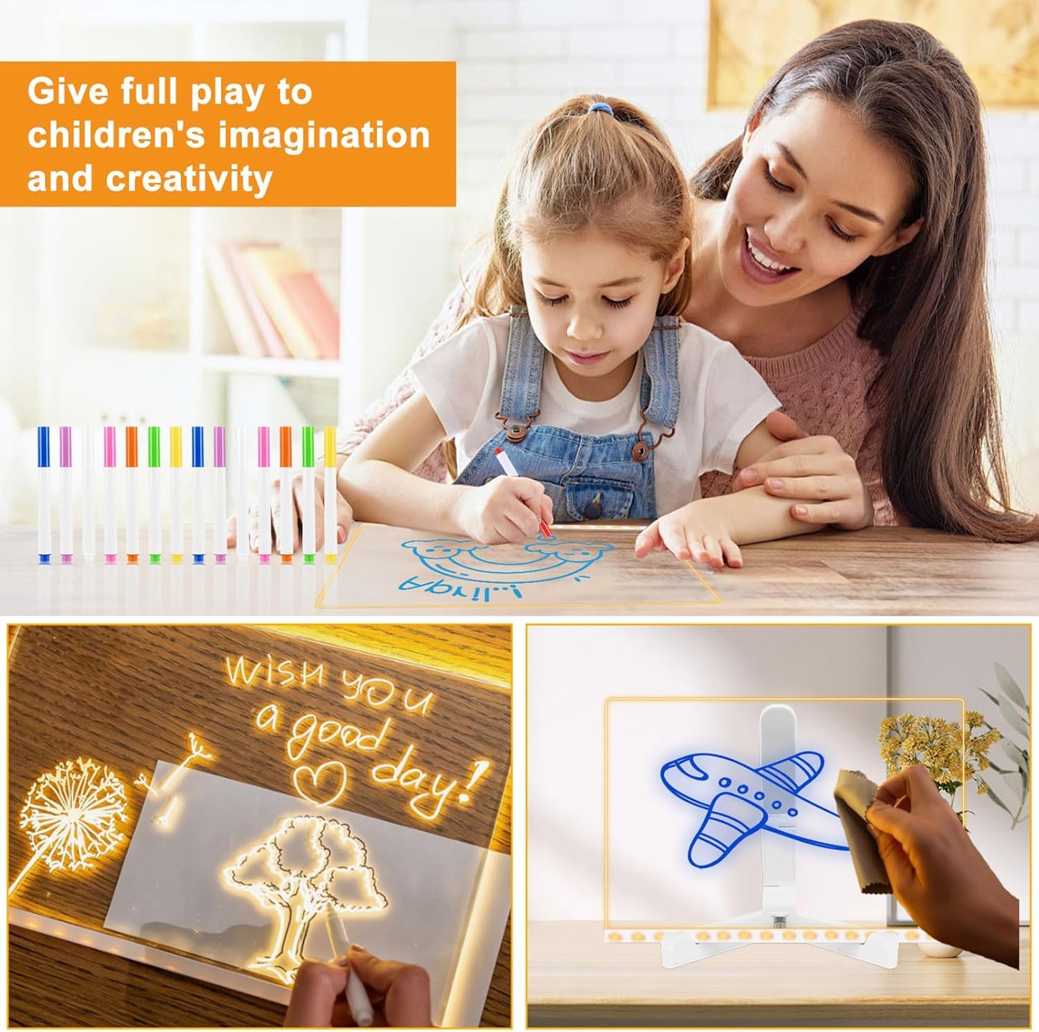 Tableau à dessin lumineux en acrylique, tableau d'affichage lumineux LED, tableau blanc effaçable avec 7 stylos de couleur (lumière chaude). - 5