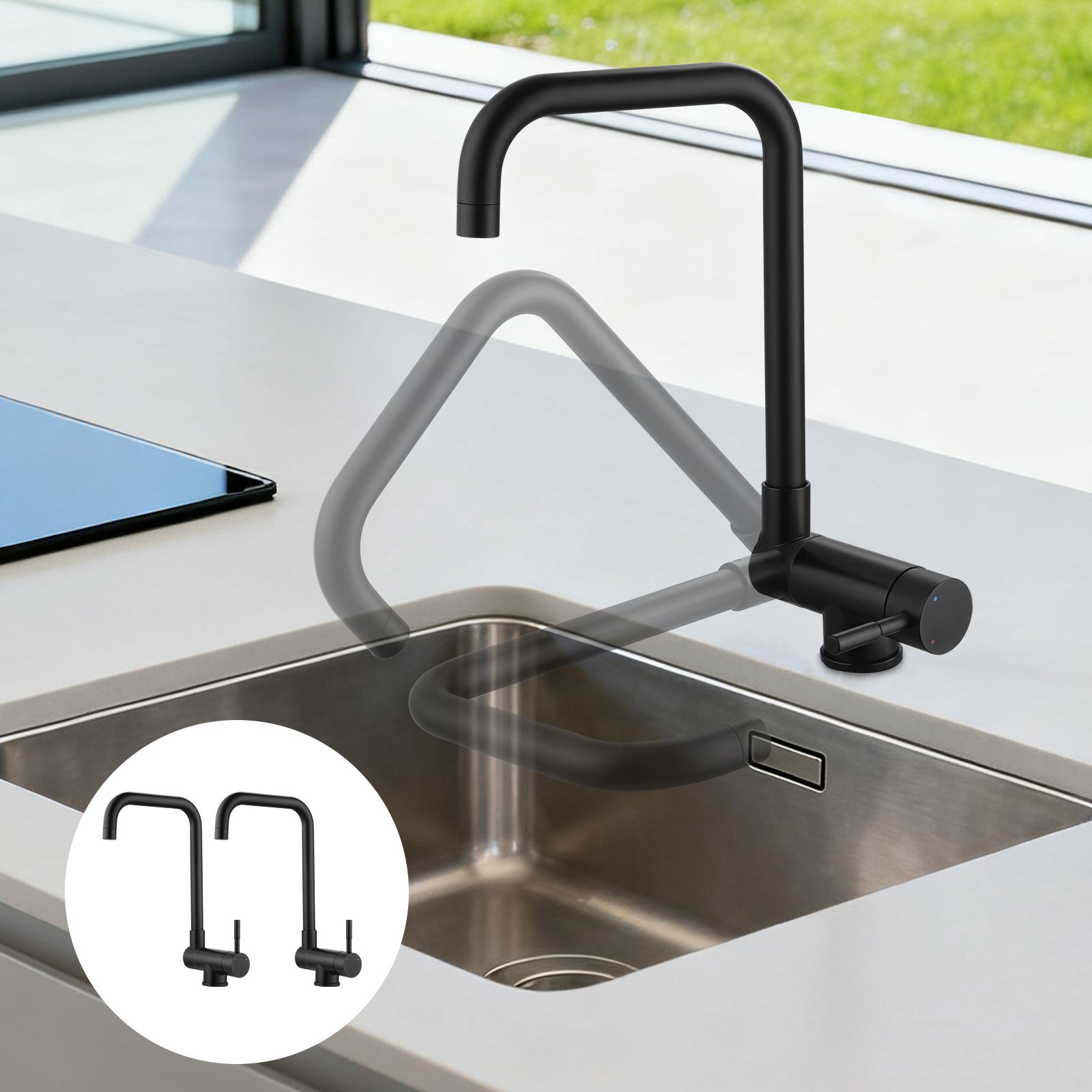 LOVHAUS Bateria Kuchenna do Montażu pod Oknem, Obrotowa o 360°, ze Stali Nierdzewnej, Składana o 180°, Zestaw 2 Sztuki