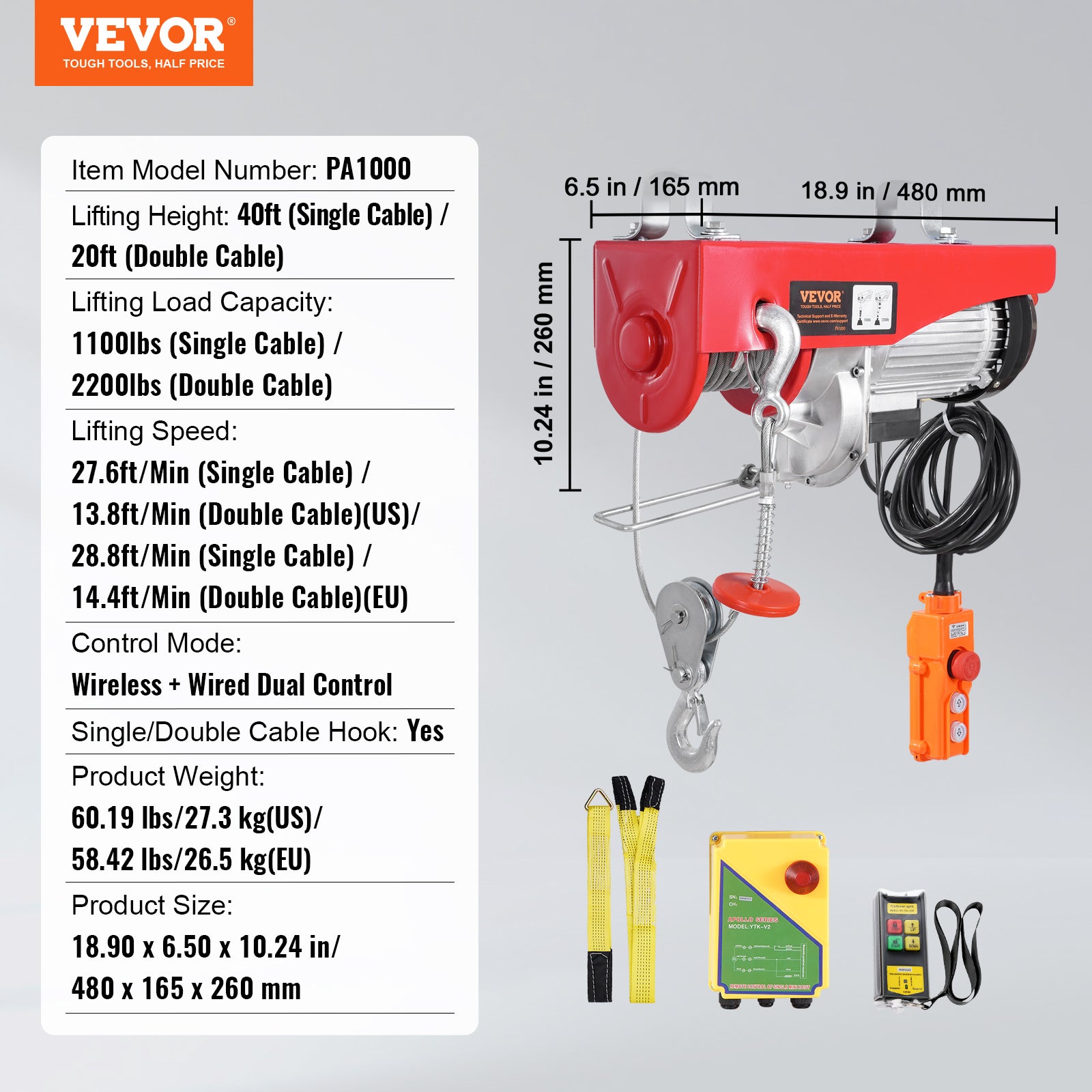 Palan Électrique,VEVOR Charge Double Câble 1000 kg,Télécommande Filaire 4,2 m et Sans Fil 100 m,Hauteur Levage Câble Simple 12 m,Arrêt Urgence - 7