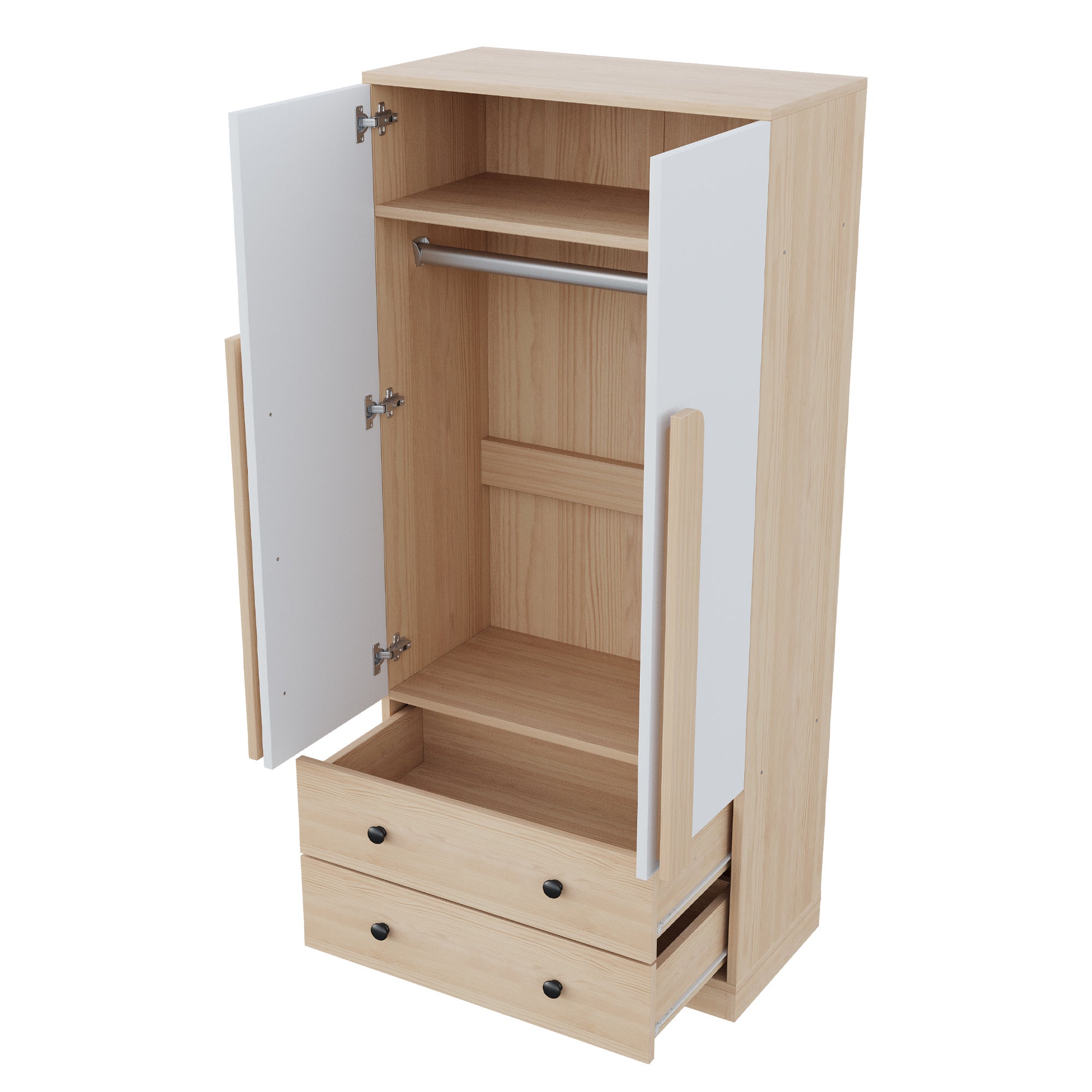 Armoire 2 portes 70 x 40 x 170 cm avec 2 tiroirs et grand rangement, bois naturel et blanc - 5