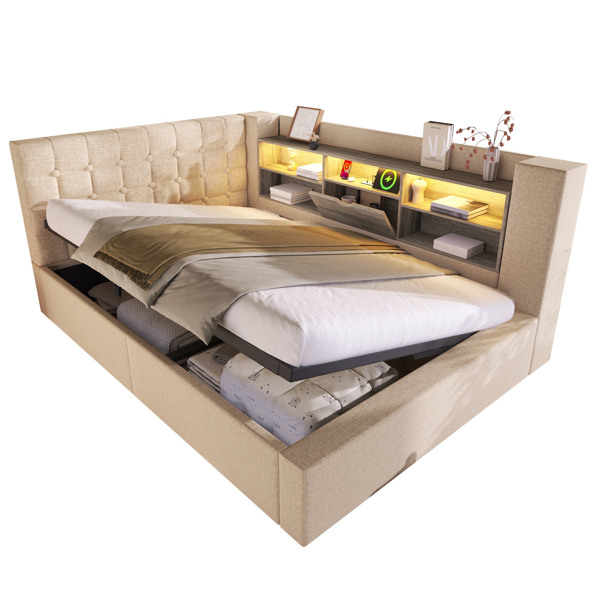 Łóżko z pojemnikiem 140 x 200 cm i 6 przegródkami – tkanina lniana – diody LED i porty USB – beżowe (materac nie jest dołączony) - 7