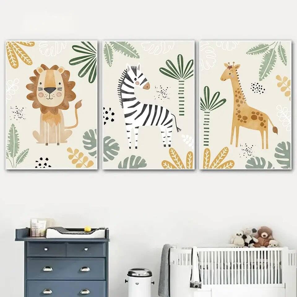 3 Affiches Animaux Jungle Lion Girafe Zebre Tableau Savane Bebe Deco Chambre Bebe Vert Beige Poster 30x40 sans Cadre - 5