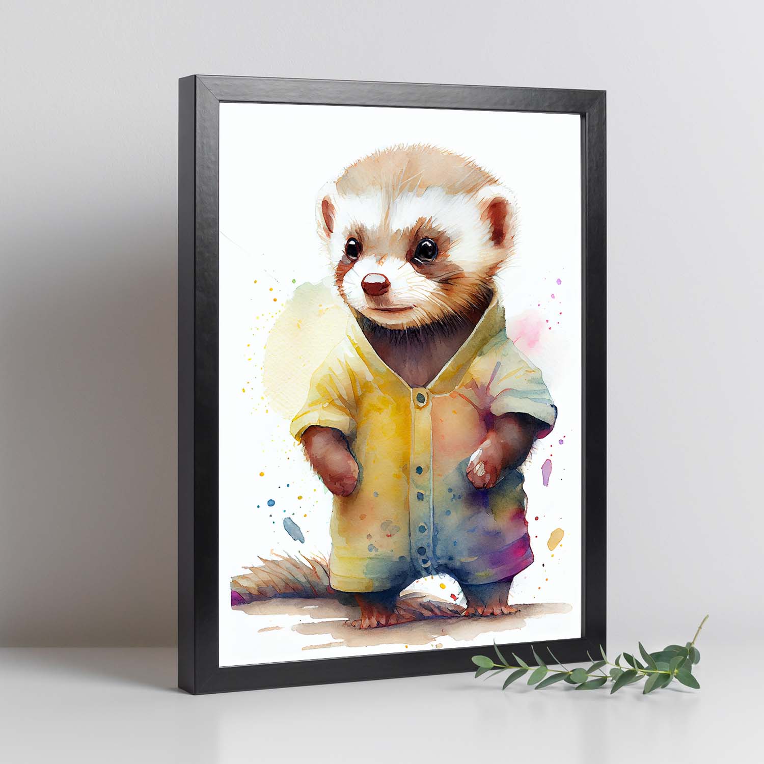 Poster de hurón en estilo acuarela ilustraciones infantiles a todo color de animalitos bebé sobre fondo blanco interiorismo y decoración a4 sin marco