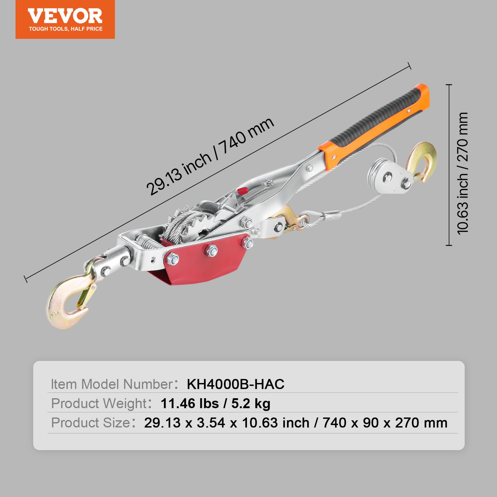 Guincho Forte VEVOR 4 Toneladas,Manual com 3 m de Corda de Aço e 3 Ganchos,Ferramenta de Doble Engrenagem,Resgate de Veículos - 7