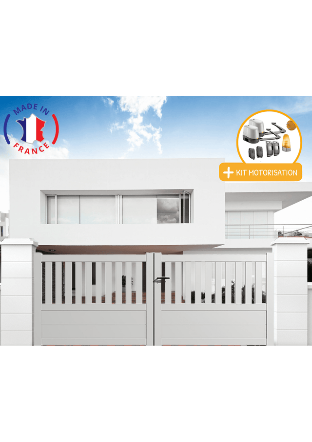 Portail aluminium battant semi-ajouré en kit + Motorisation dimensions L.3500 (entre piliers) X H.1300 mm LOCKYVIA (à bras) Couleurs Blanc (RAL 9010)