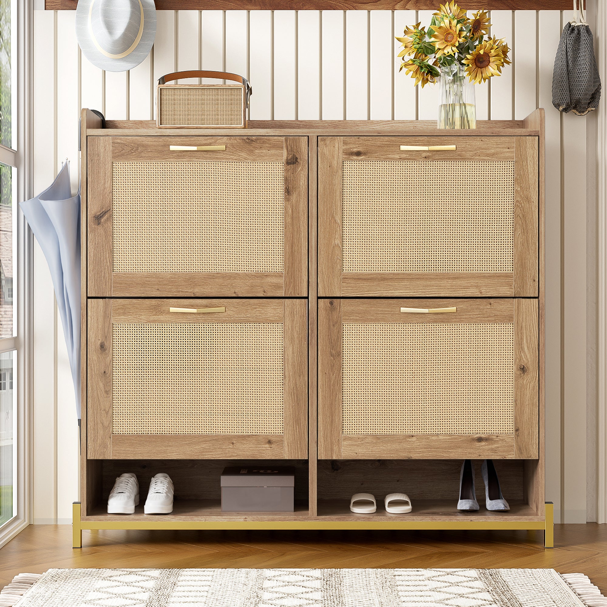 Meuble à chaussures avec 4 portes en rotin et 2 compartiments - Bois MDF - 105 x 24 x 100 cm - Coloris bois - 3