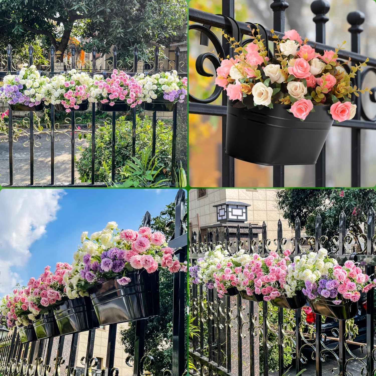 4 Pièces Pots de Fleurs Suspendus en Métal, 27CM Grands Pots de Plantes Seau à Fleurs Suspendu avec Crochet Amovible pour Balcon Jardin - 6