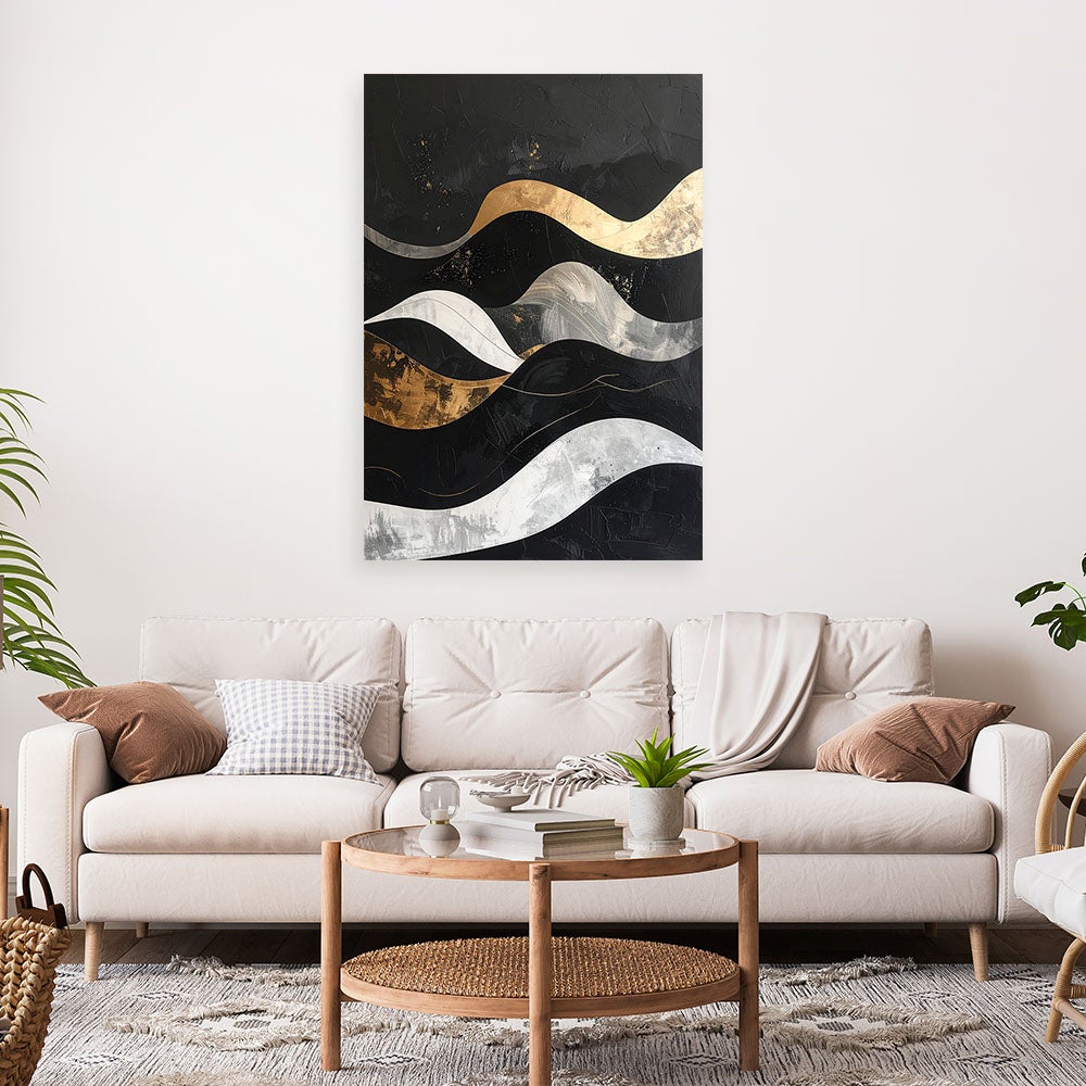 Obraz do salonu loftu biura, Abstrakcja geometryczna złoto czarna w stylu glamour fale 80x120 - 2
