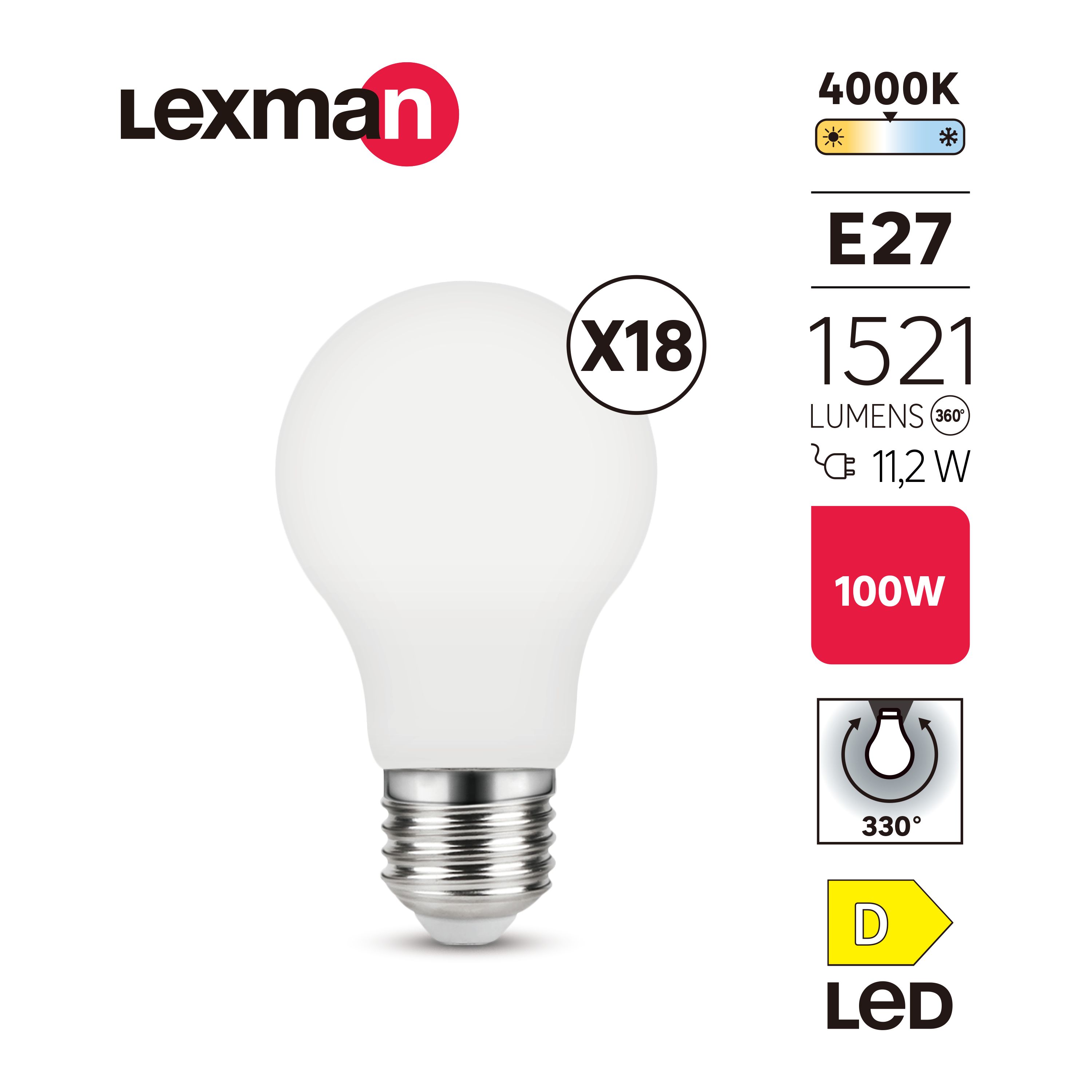 LEXMAN - Lot de 18 Ampoules LED opaques - E27 - 1521LM - 11,2W équivalent 100W - Ø 60 mm - 4000K - Blanc naturel - 3